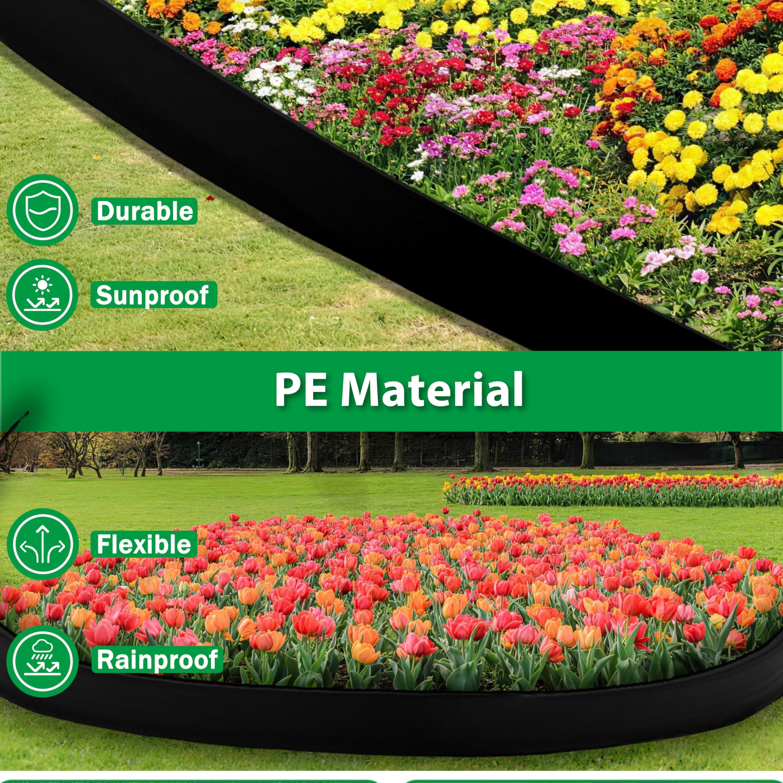 Bordure de Jardin Flexible 10cm,Longueur 10m,Bordure Jardin Exterieur Plastique,avec 30 piquets et 2 connecteurs + 1 Marteau (Bord Lisse, 10cmx10m)