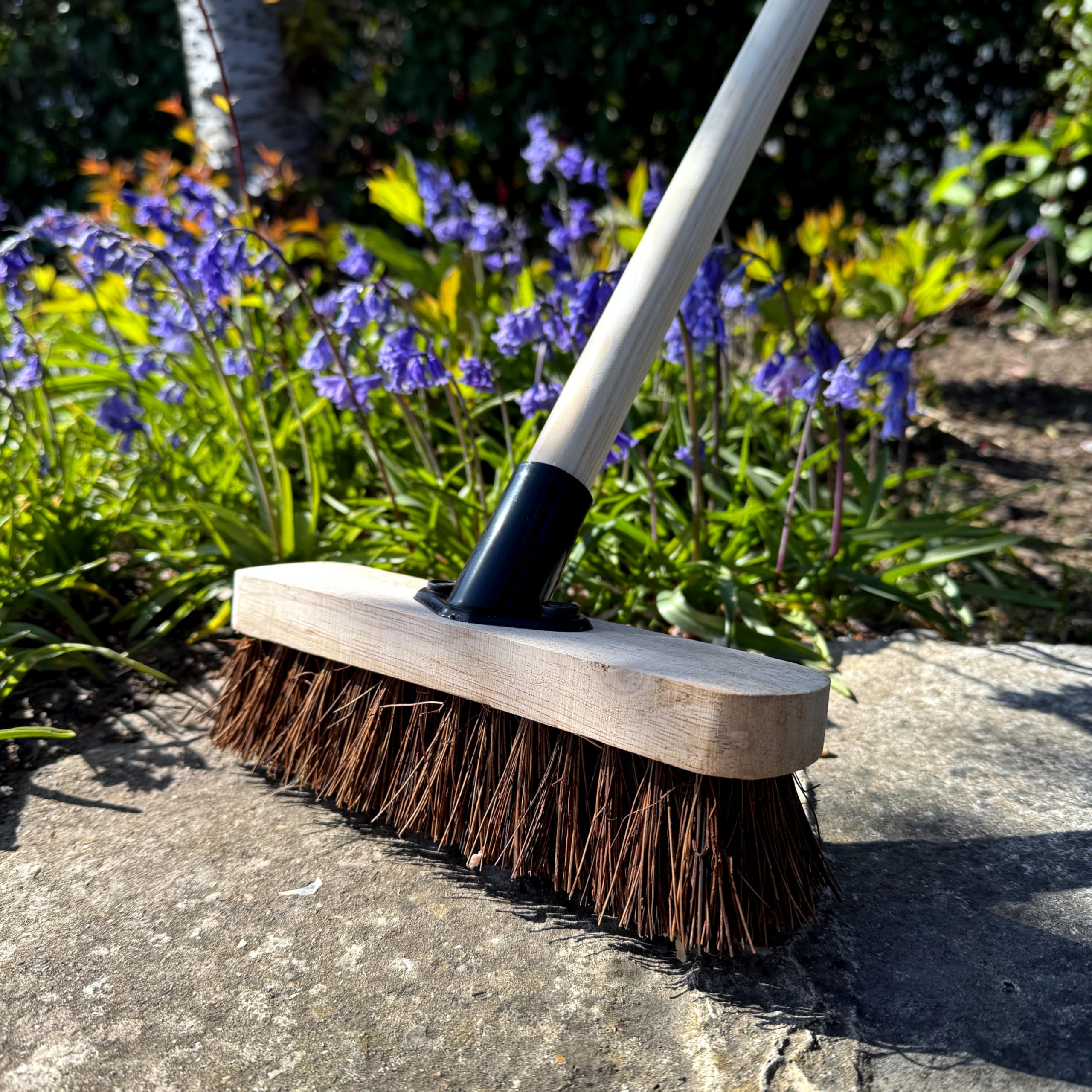 9" Deck Scrub Brush with Handle - Heavy Duty Outdoor Stiff Bassine Bristles Scrubbing Broom - Hard Brush for Decking Patio Garden Yard Driveway Path Sweeping - Tough Bristles for Wet or Dry Cleaning