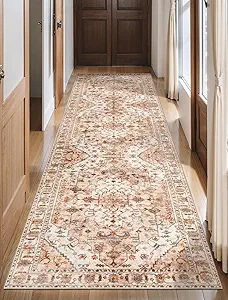 SERISSA Boho Washable Runner Rug, 2'6"x8' Non-Slip Vintage Peach Cream Hallway Kitchen Runner Rug Ultra Soft Print Distressed Floor Carpet for Bedroom Bathroom Laundry Room
