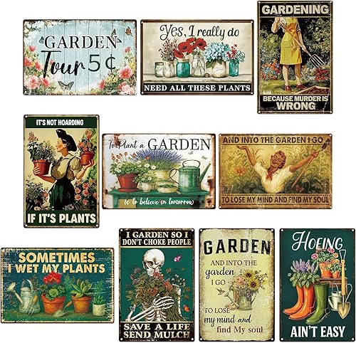10 letreros de metal vintage divertidos para jardín, de 12 x 8 pulgadas, rústico, con flores retro, decoración de pared para invernadero, para