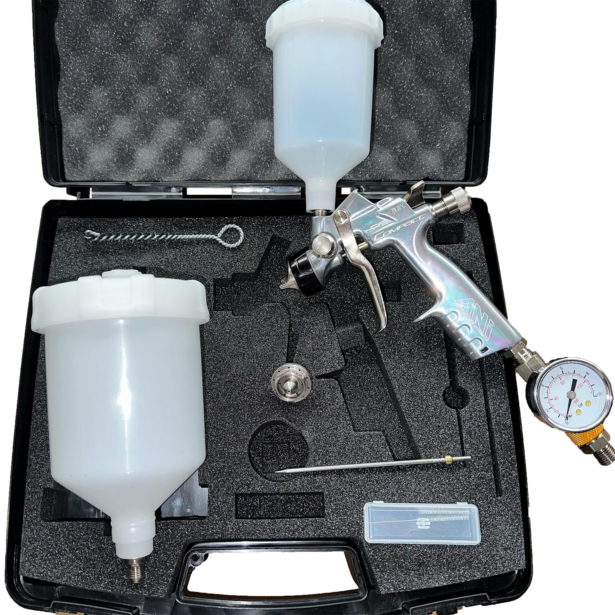 ANi Kit de pistola de pulverización compacta, vuelve a rociar con un pequeño compresor de 1,8 mm y 1,3 mm, imprimación y acabado, kit de retoque y repulverización.