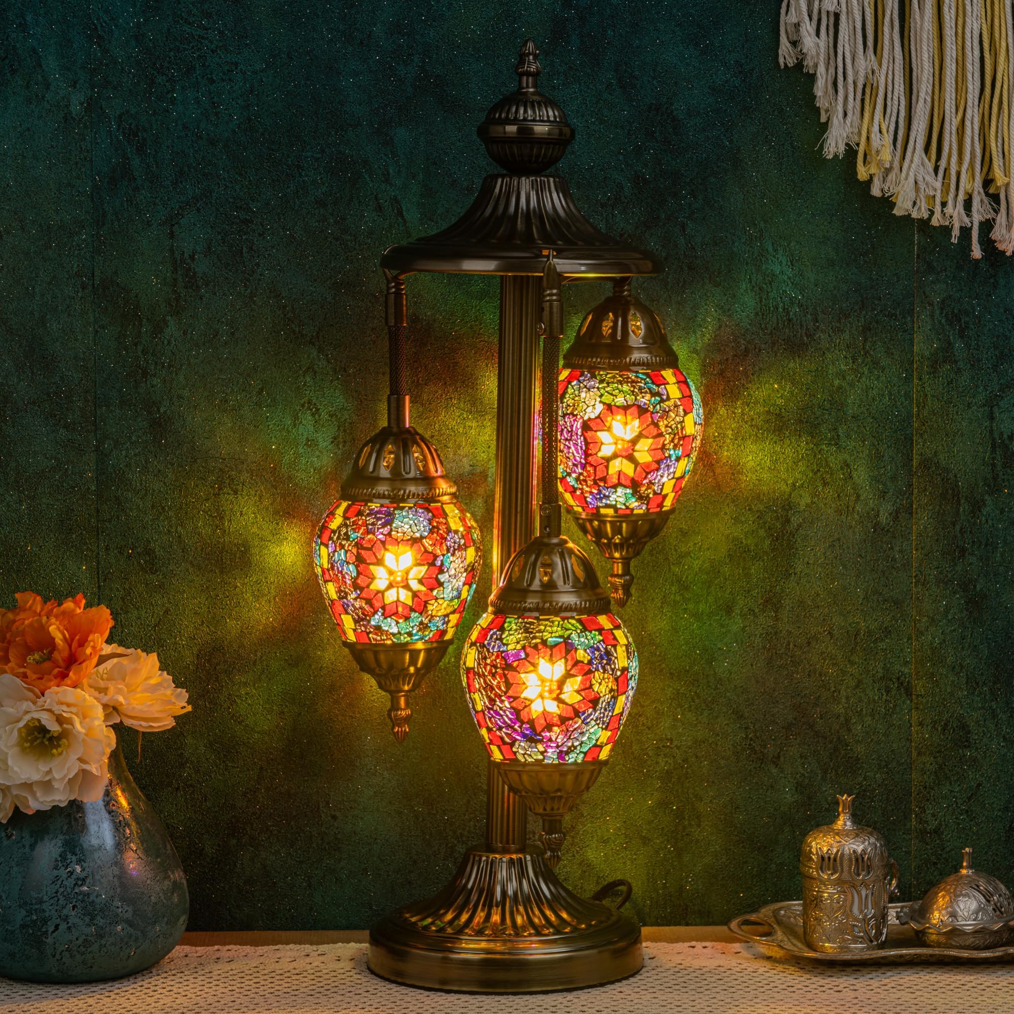 YUDIZWS Turkish Lamp 3 Globes Moroccan Table Lamp with Bronze Base, 23" Tall Handmade Colorful Tiffany Mosaic Glass Night Light Fixture Including LED Bulb for Living Room Bedroom Decor,Yellow