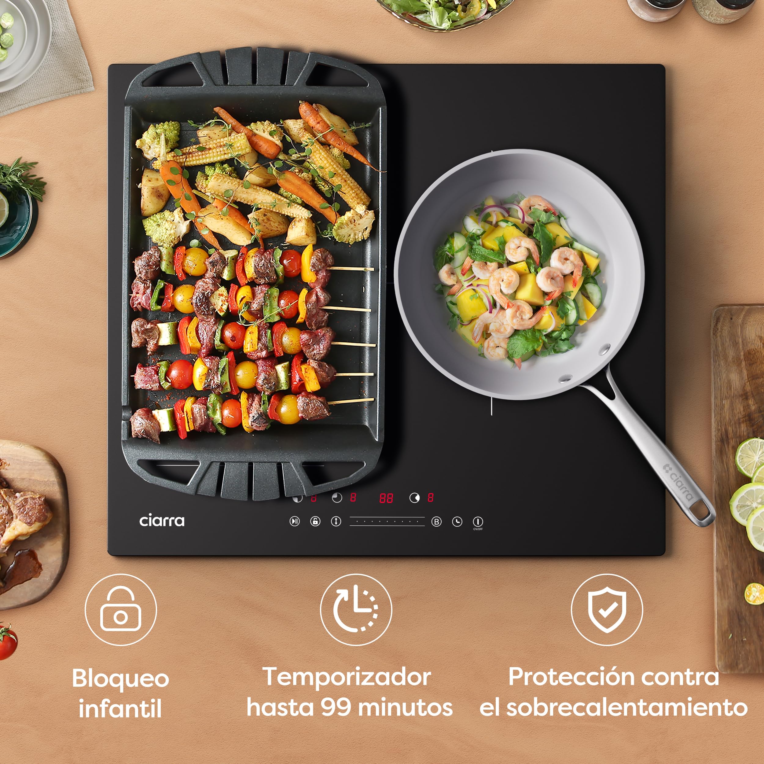 Ciarra Placa de Inducción 3 Zonas Flexible 2 en 1, 60 cm, 6600W | Boost, Función Pausa, Control Táctil Slider, Temporizador, Bloqueo Infantil, Detector de Recipientes