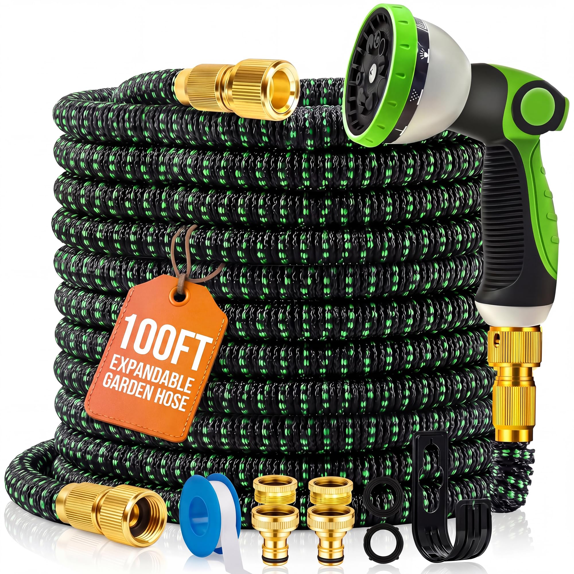 MOSII 100FT Expandable Garden Hose Pipe, Flexible Heavy Duty Water Hose Pipe Extendable with 10-Pattern Spray Nozzle, Brass Fittings, Hosepipes for Garden Car Washing (Green, 100FT/30M)