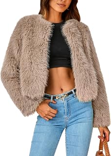 PRETTYGARDEN Women's Faux Fur Cropped Jacket: Shaggy Fleece Winter Coat Long Sleeve Warm Outerwear with Pockets Fall Fashion