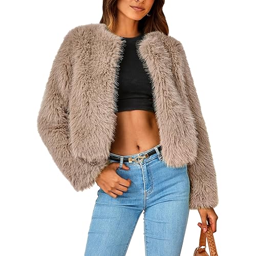 PRETTYGARDEN Women's 2024 Winter Coats Fleece Cropped Jacket Faux Fur Long Sleeve Pockets Shaggy Warm Outerwear Fall Clothes