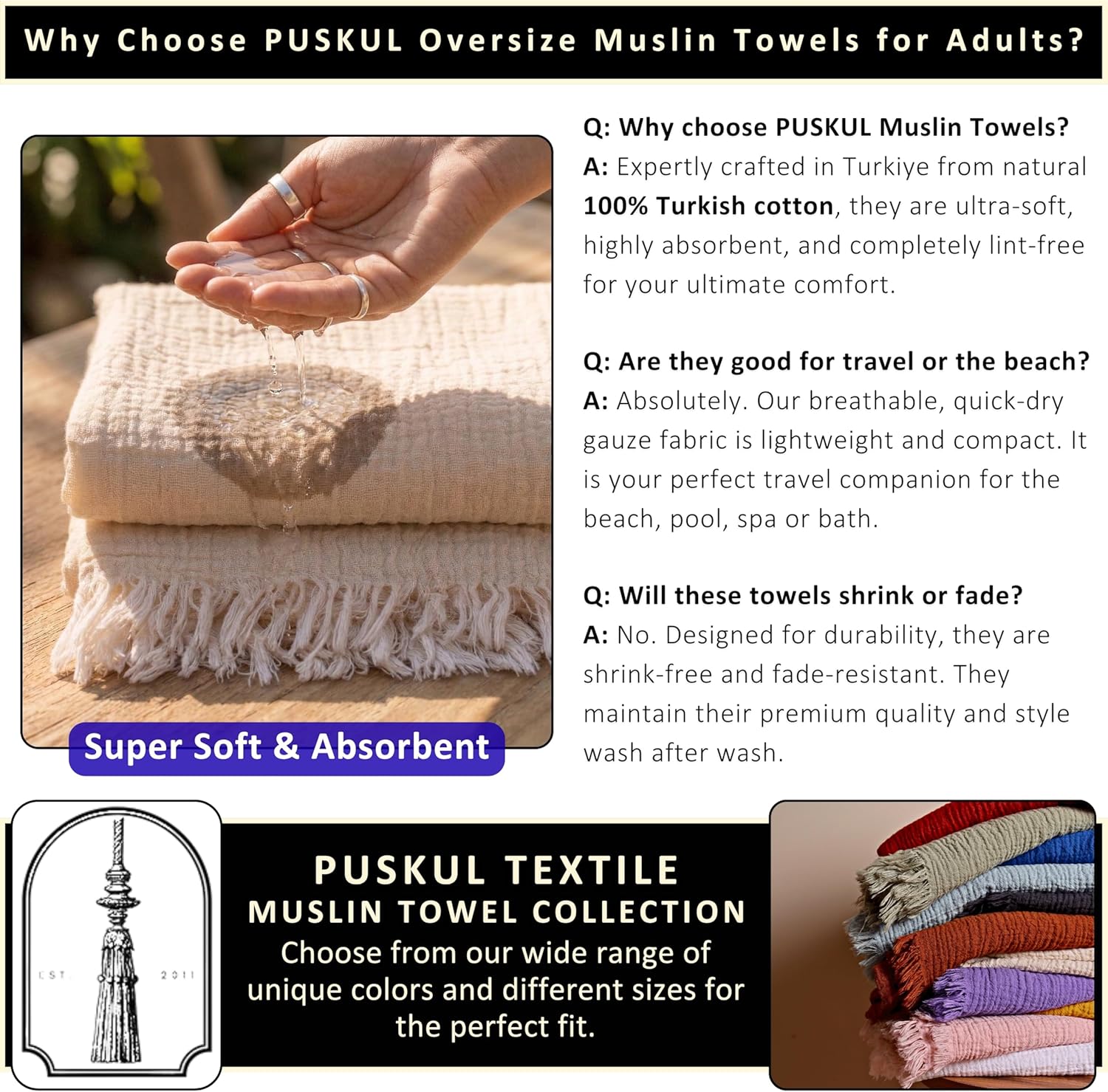 PÜSKÜL - Premium 2-Piece Oversized Muslin Bath Towel for Adult 35x70 Extra Large Bath Sheets | Natural 100% Turkish Cotton Soft Absorbent Quick-Dry Light Spa & Beach Towels (Pack of 2, Rust Brown)