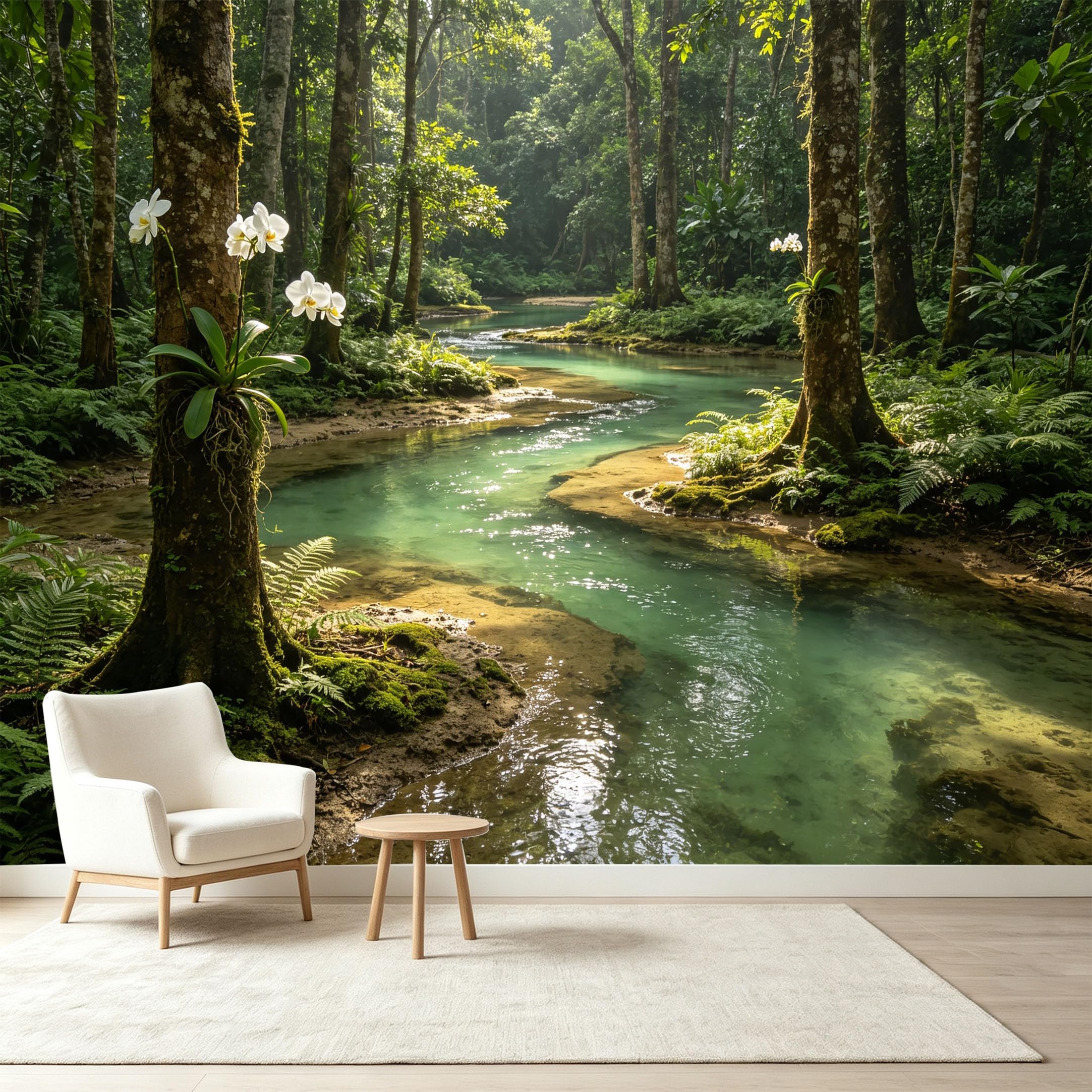 Custom Size Wall Murals Tropical Rainforest Botanical Landscape River Sunlight Orchid Flowers Self-Adhesive Wall Fabric Removable Wallpaper Wall Decor for Living Room Bedroom Bathroom