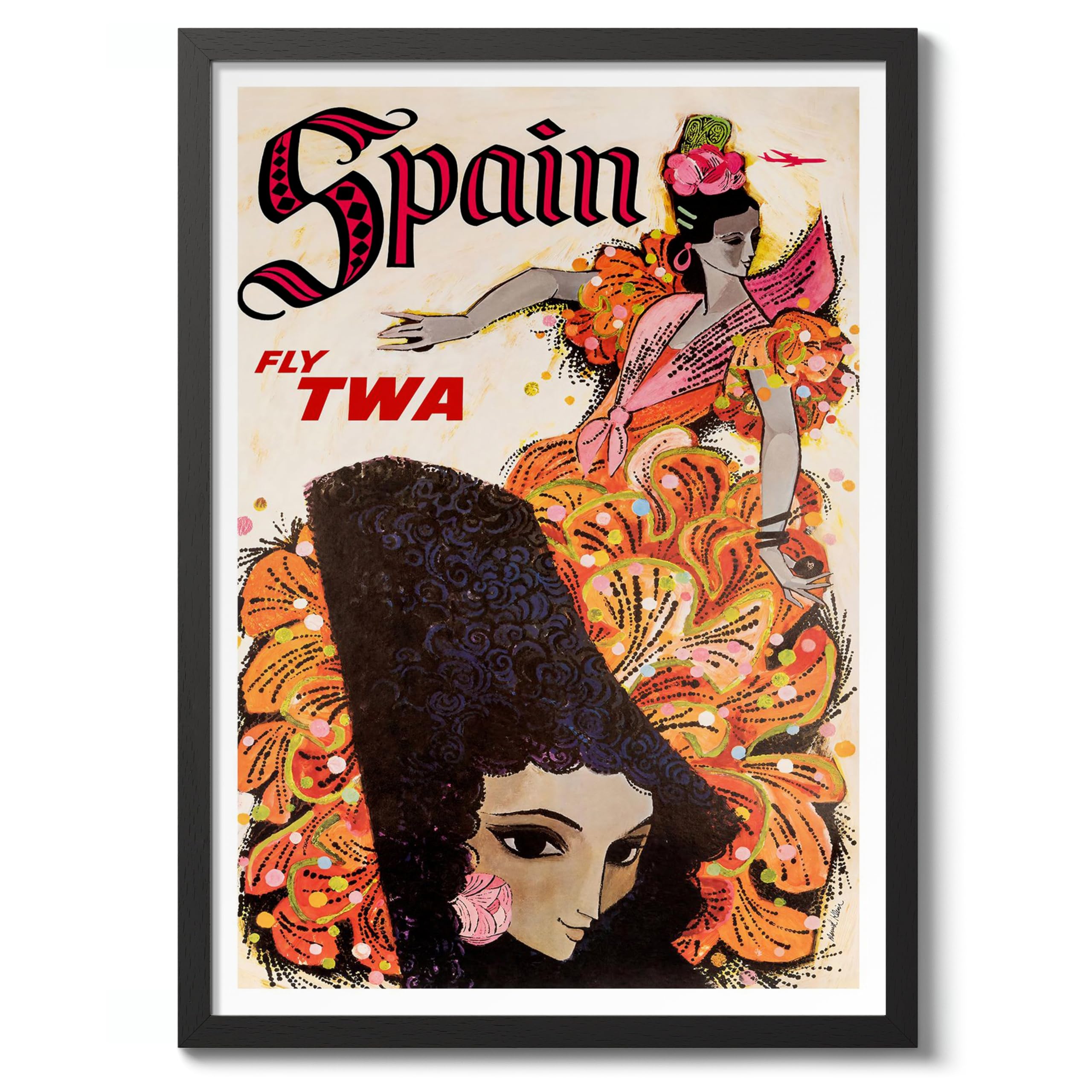 Fly To Spain Vintage Spanish Travel Poster, Retro Spain Tourism Print, Decoration Wall Art Seville Landmark Bedroom Decor, A2 (Black Frame) - 62.5x45.1cm