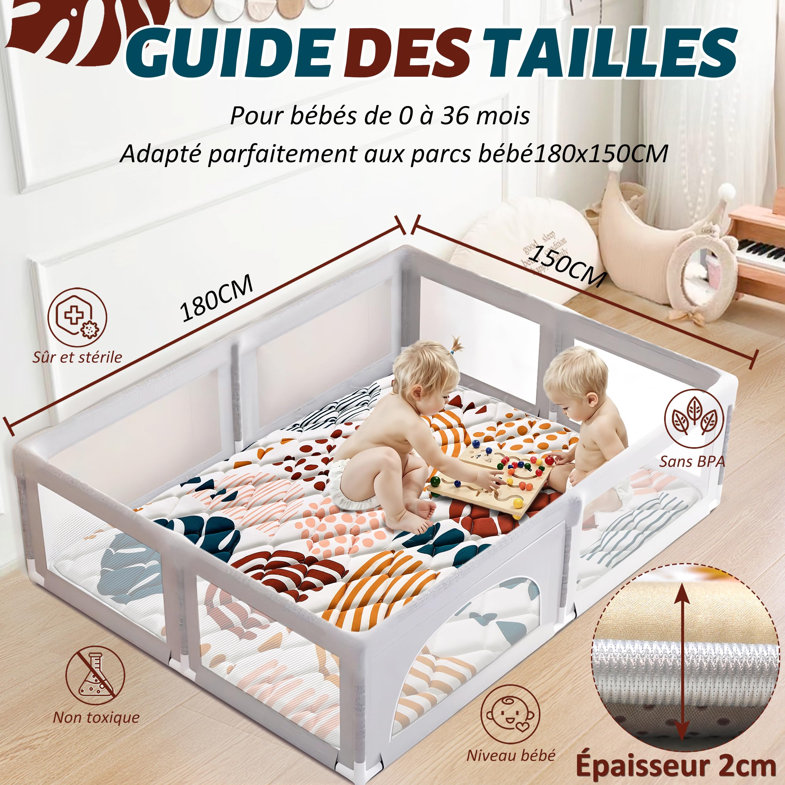 YBIKE Tapis de Jeu 180x150cm Pliable Antidérapant Épais Lavable en Machine Boho
