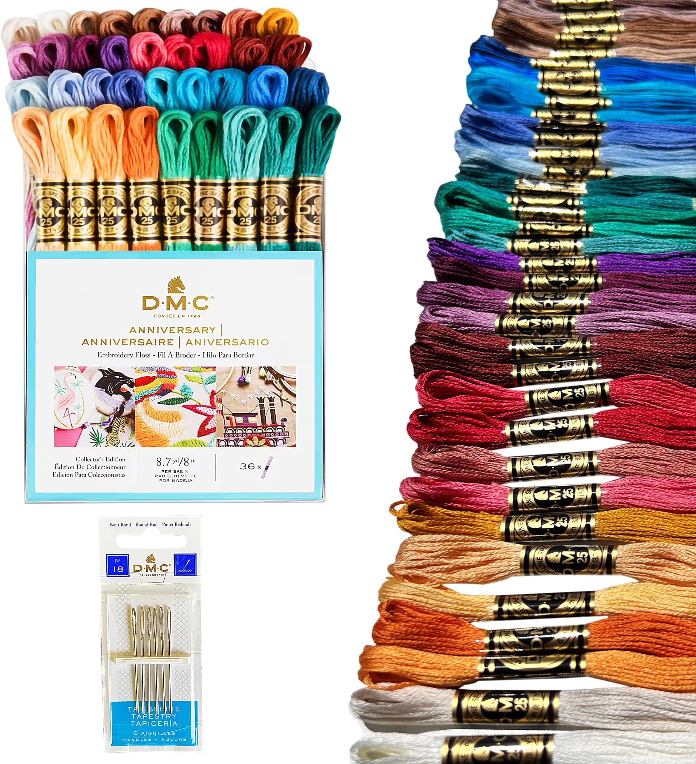 DMC Embroidery Floss, Anniversary Collection Pack. 36 Colors Cotton Embroidery Thread Bundle with Hand Embroidery Needle Size 18. Premium Cross Stitch String Set. Yarn Kit, DMC Mouline Threads.