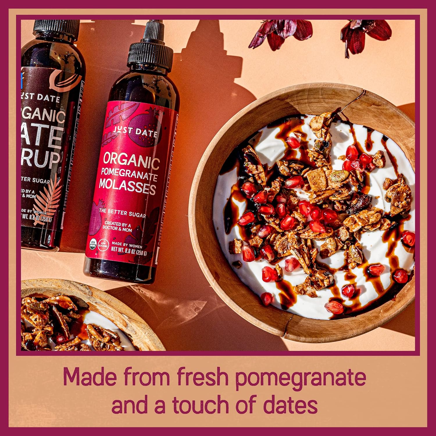 Just Date : Just Pomegranate Syrup : Organic Pomegranate Molasses | Two 8.8 OZ Squeeze Bottle I Low-Glycemic, Vegan, Paleo