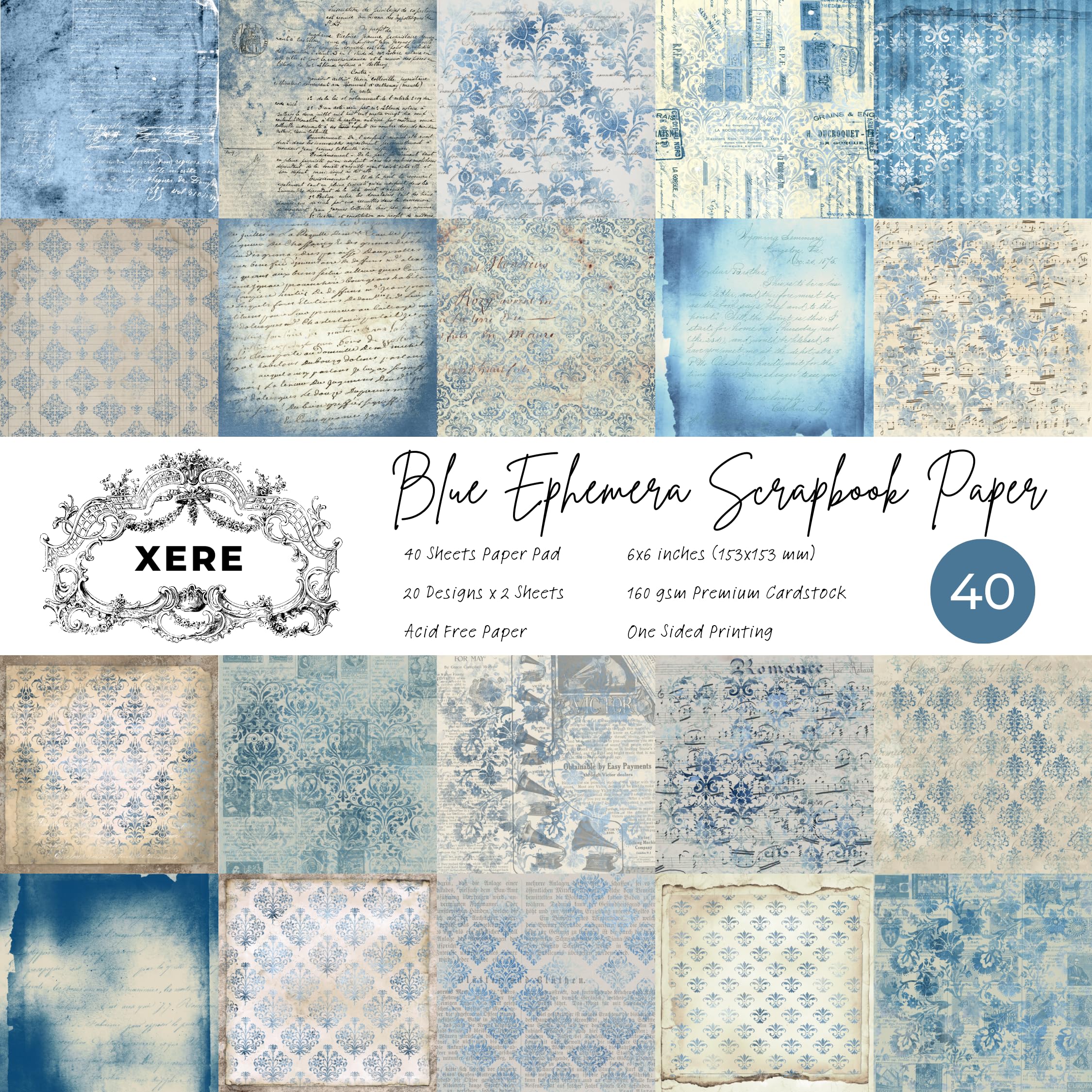 XERE 40 Sheets Blue Scrapbook Paper, 6x6 Ephemera Pattern Paper Pack for Journaling Notebooks, Sketchbook, Bookmark Making, Junk Journal, Scrapbook Art Supplies