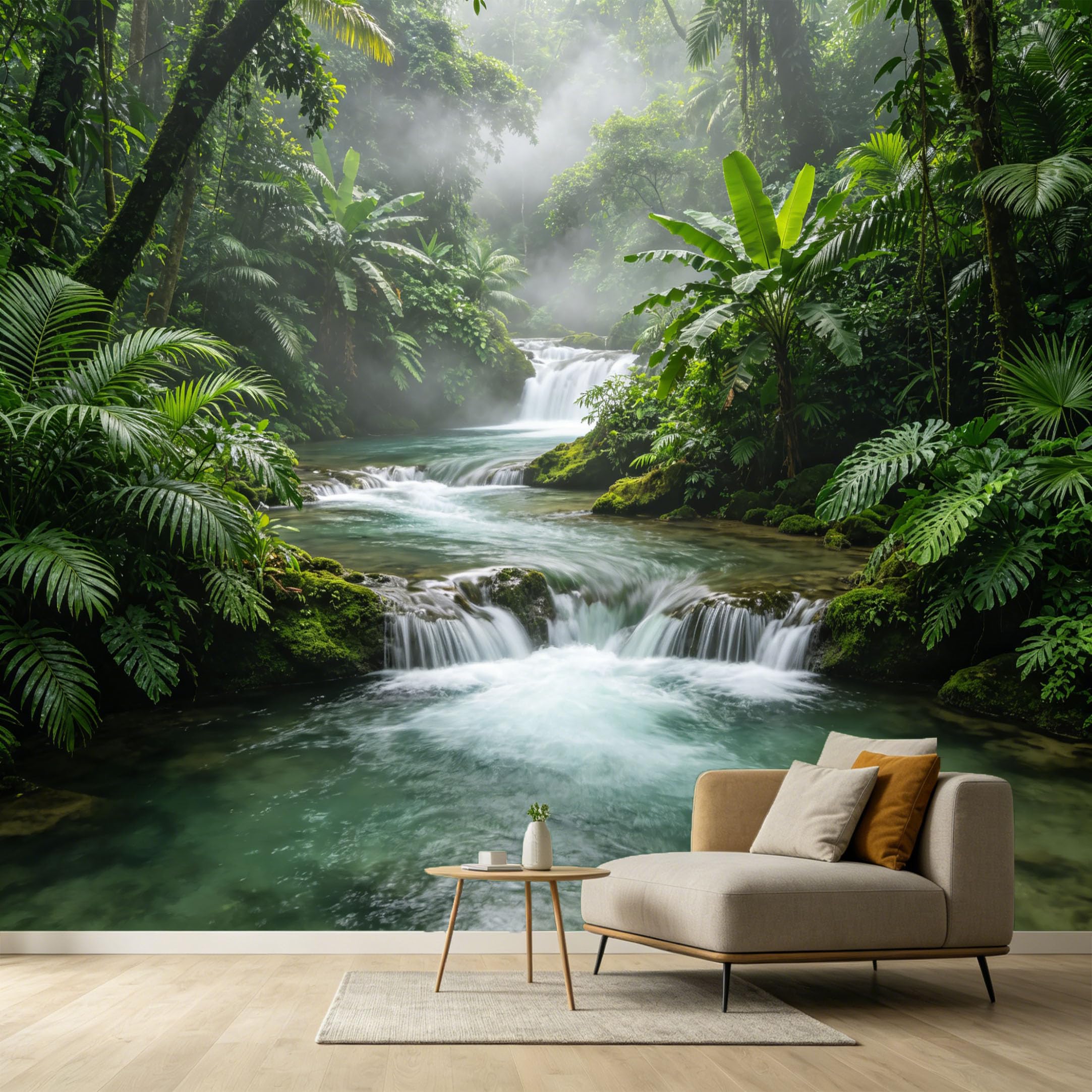 Custom Size Wall Murals Tropical Jungle Waterfall Landscape Mist River Fern Palm Leaf SelfAdhesive Wall Fabric Removable Large Wallpaper for Photo Living Room