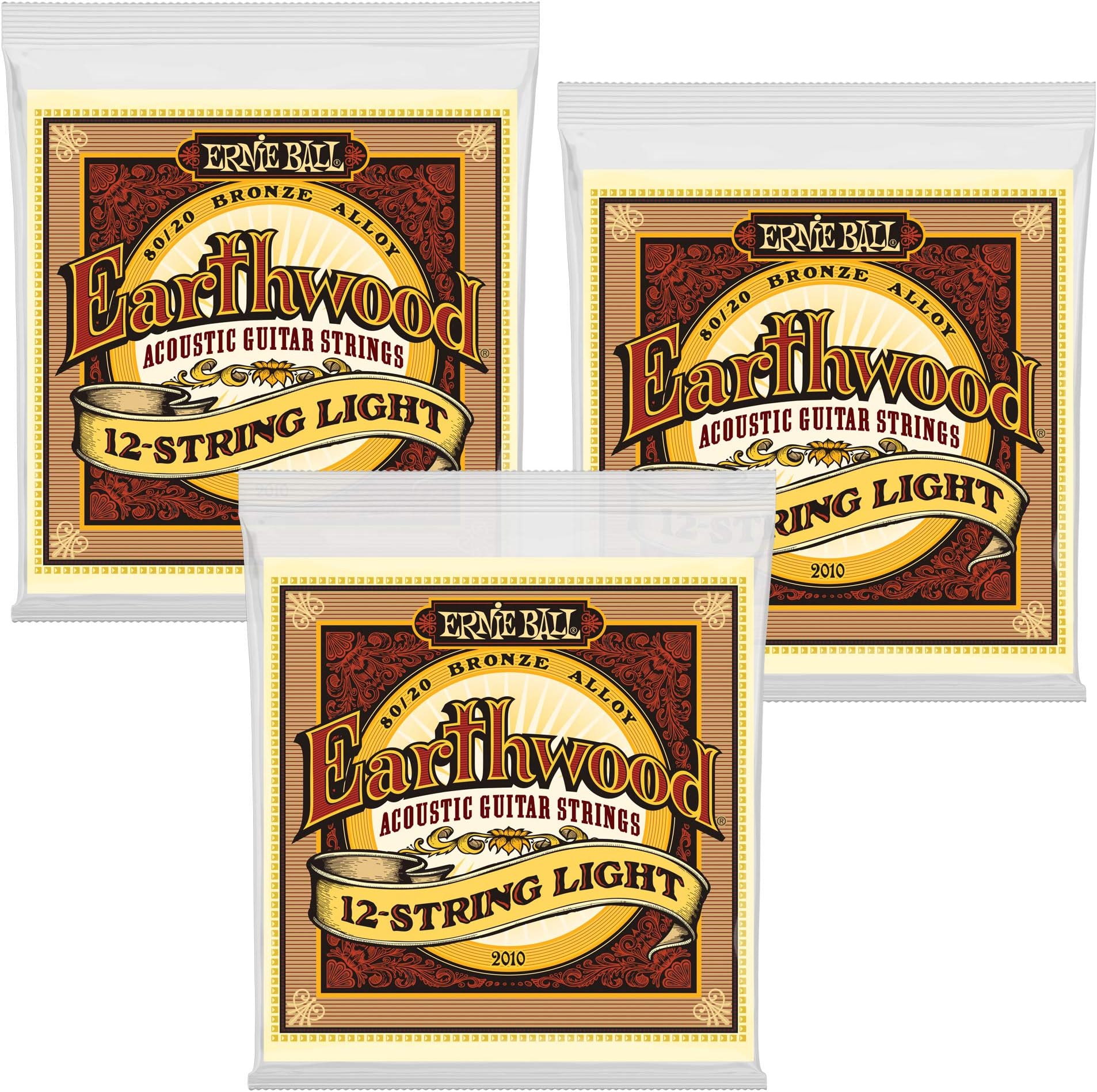 3 PACK Ernie Ball P02010 Earthwood 12-String Light 80/20 Bronze Acoustic Set, .009 - .046