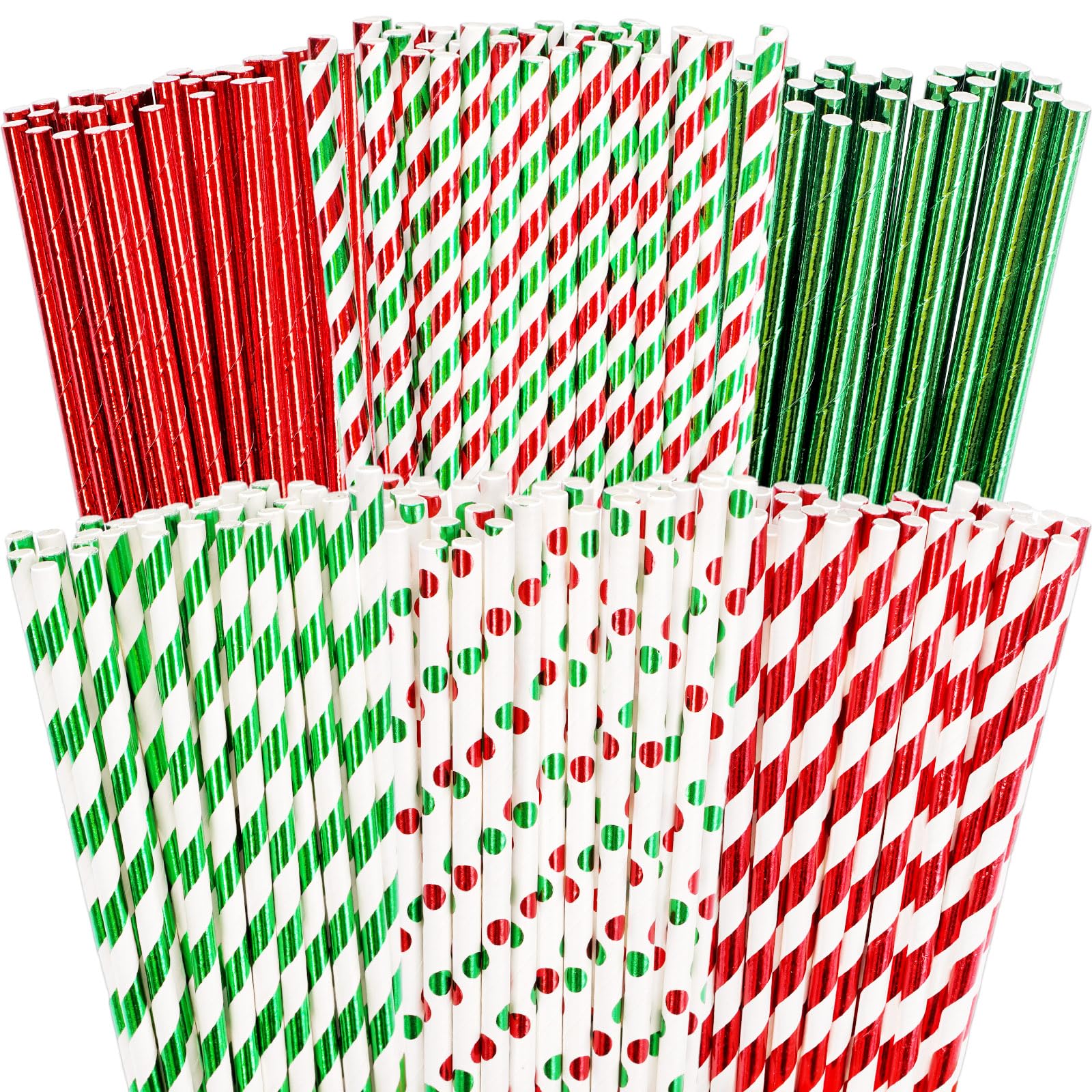 Whaline 200Pcs Christmas Foil Paper Straws Red Green Stripe Dots Drinking Straws Xmas Disposable Straws for Beverages Cocktail Decorations, 6 Styles
