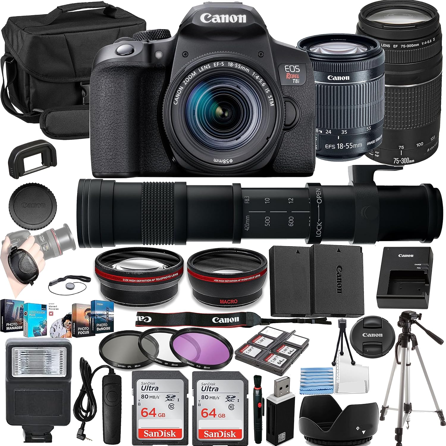 Canon Rebel T8i Vlogger KitEFS 1855mm,EF 75300mm & 420