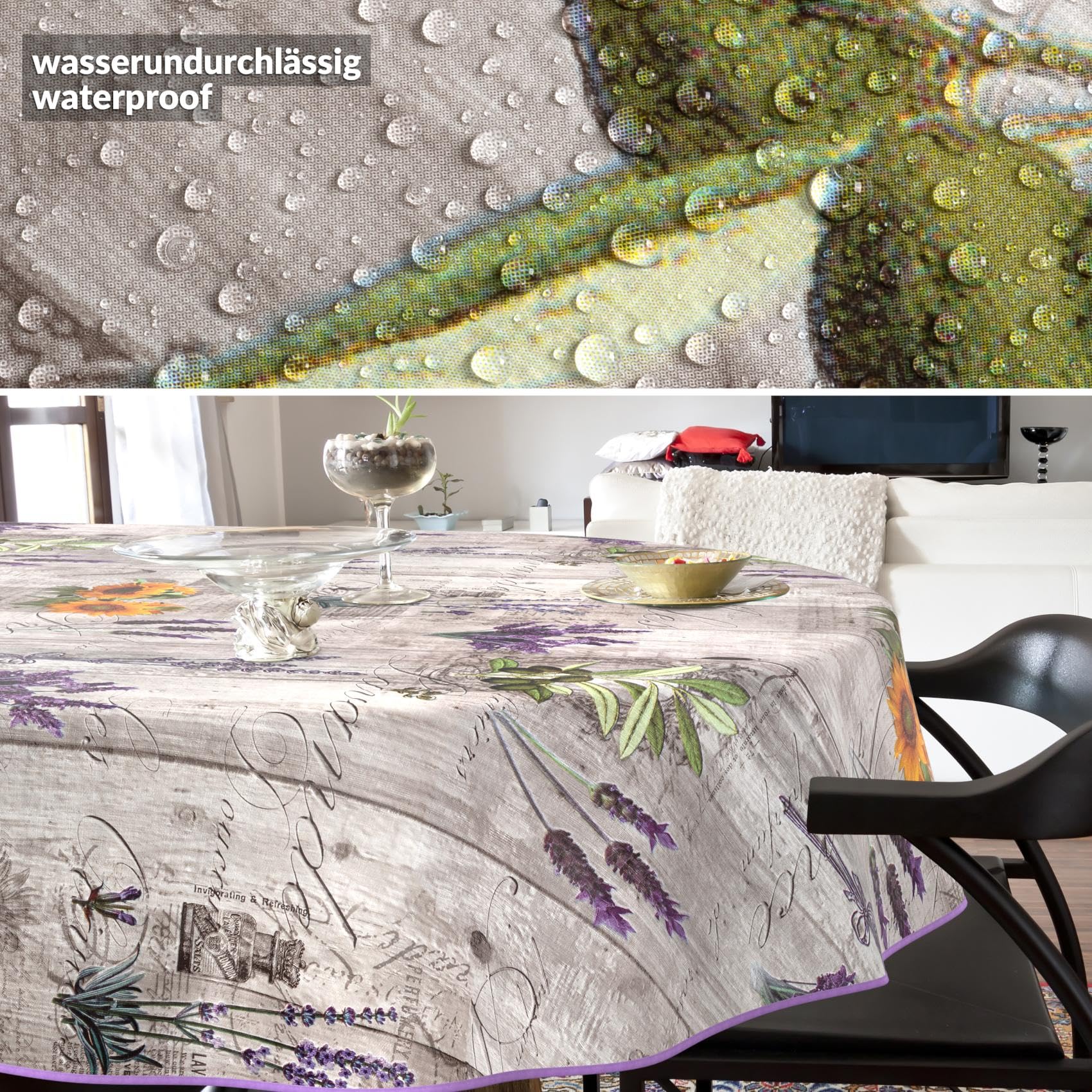 Nappe en Toile cirée - Lavable, Facile d'entretien et imperméable - Effet Lotus - Provence - Ovale - 160 x 140 cm - avec Ourlet (bordée)