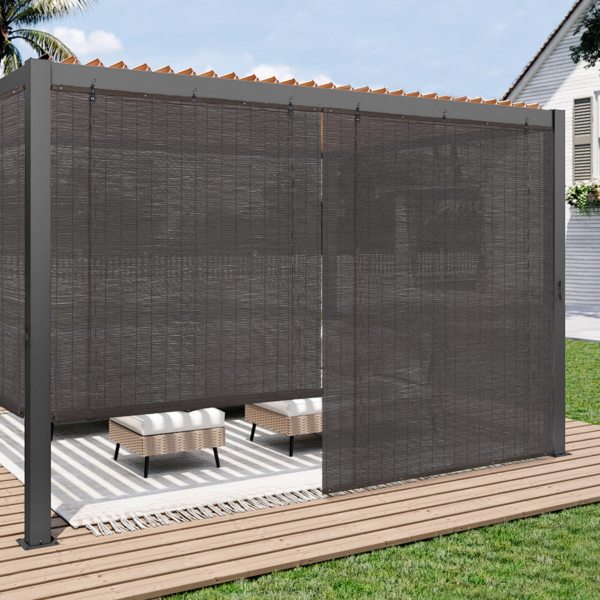 Paramondo Outdoor Roller Shades for Patio, Exterior Waterproof Reed Roller Blinds, Outdoor Bamboo Shades for Patio, Roll Up Screen for Porch, Pergola, Balcony, Gazebo, 20" W x 48" L, Dark Coffee