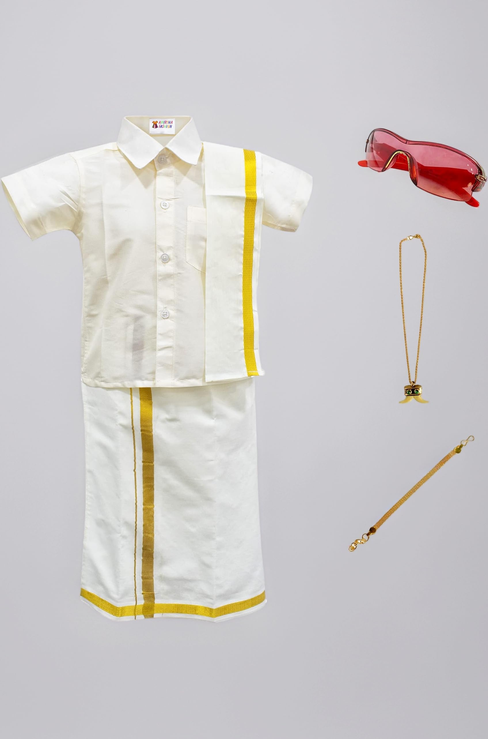 AMIRTHA FASHION Boys Traditional Dhoti & Shirts SET WITH ACCESSORIES (CREAM WHITE)
