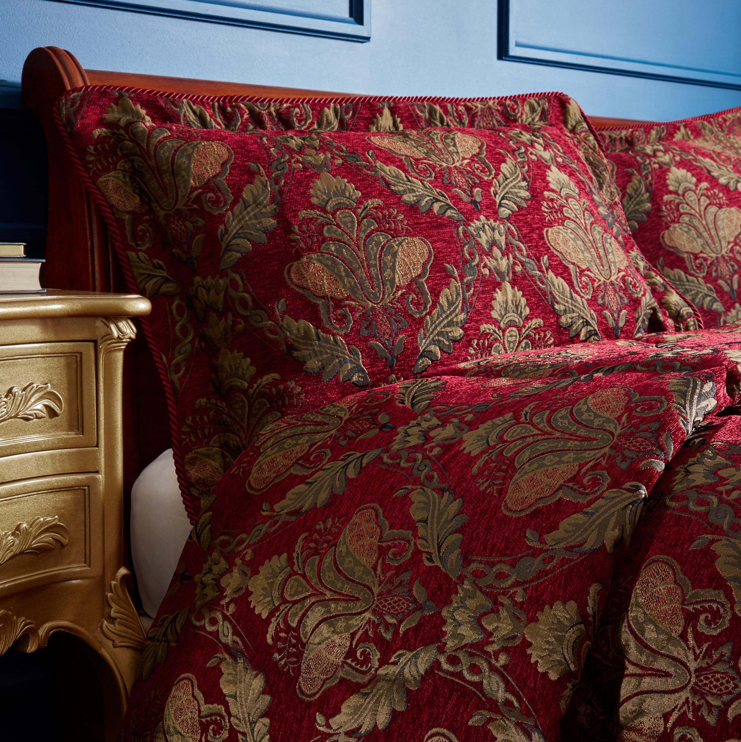 Shiraz Oxford Border Pillow Sham - Burgundy Red and Gold - Embroidered Damask Jacquard - Burgundy Twisted Piped Edges - 100% Polyester - 48 x 74cm (19" x 29" inches) - Made by Riva Paoletti