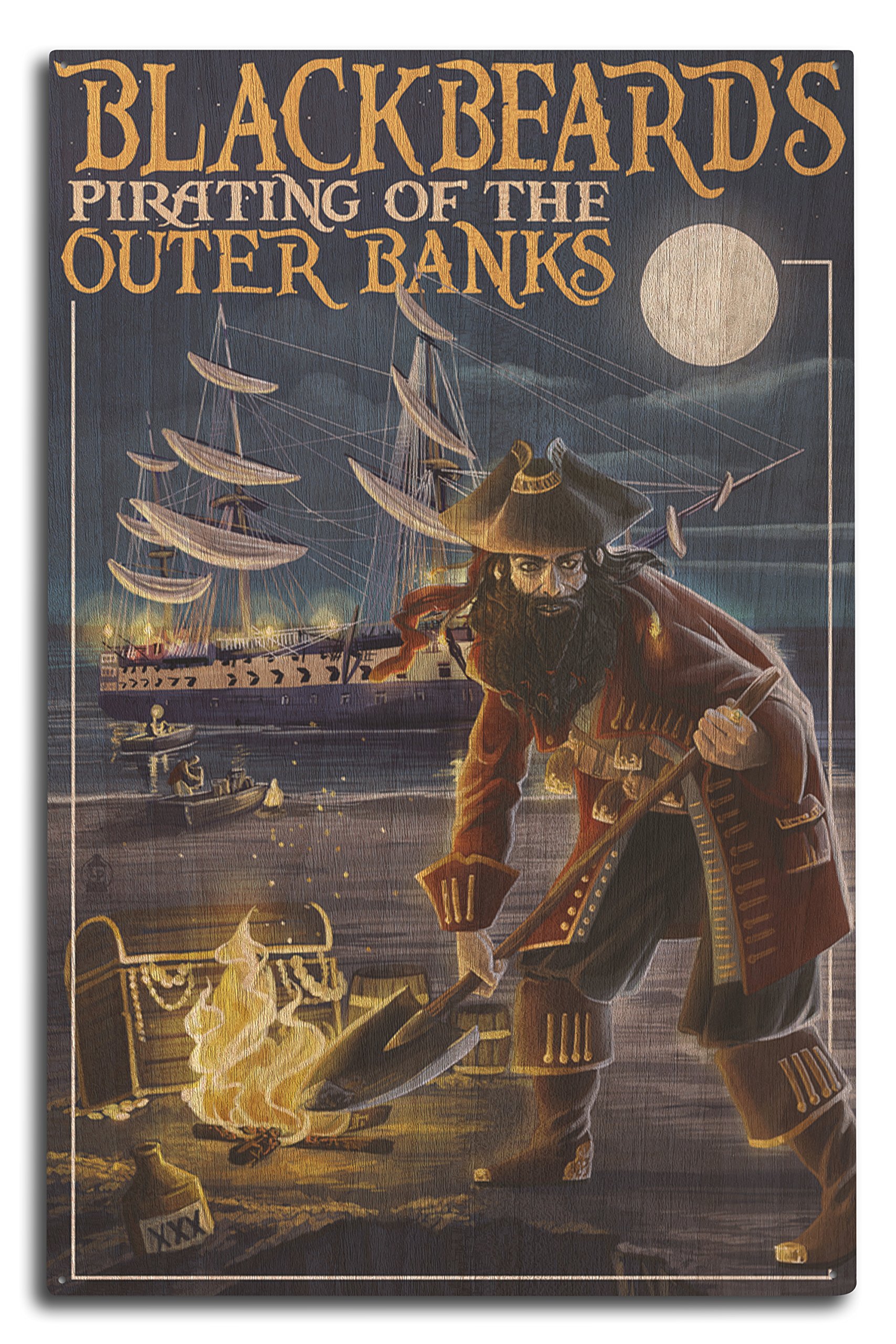 Outer Banks, North Carolina, Blackbeard Pirate and Queen Anne's Revenge Birch Wood Wall Sign (10x15 Rustic Home Decor, Ready to Hang Art)