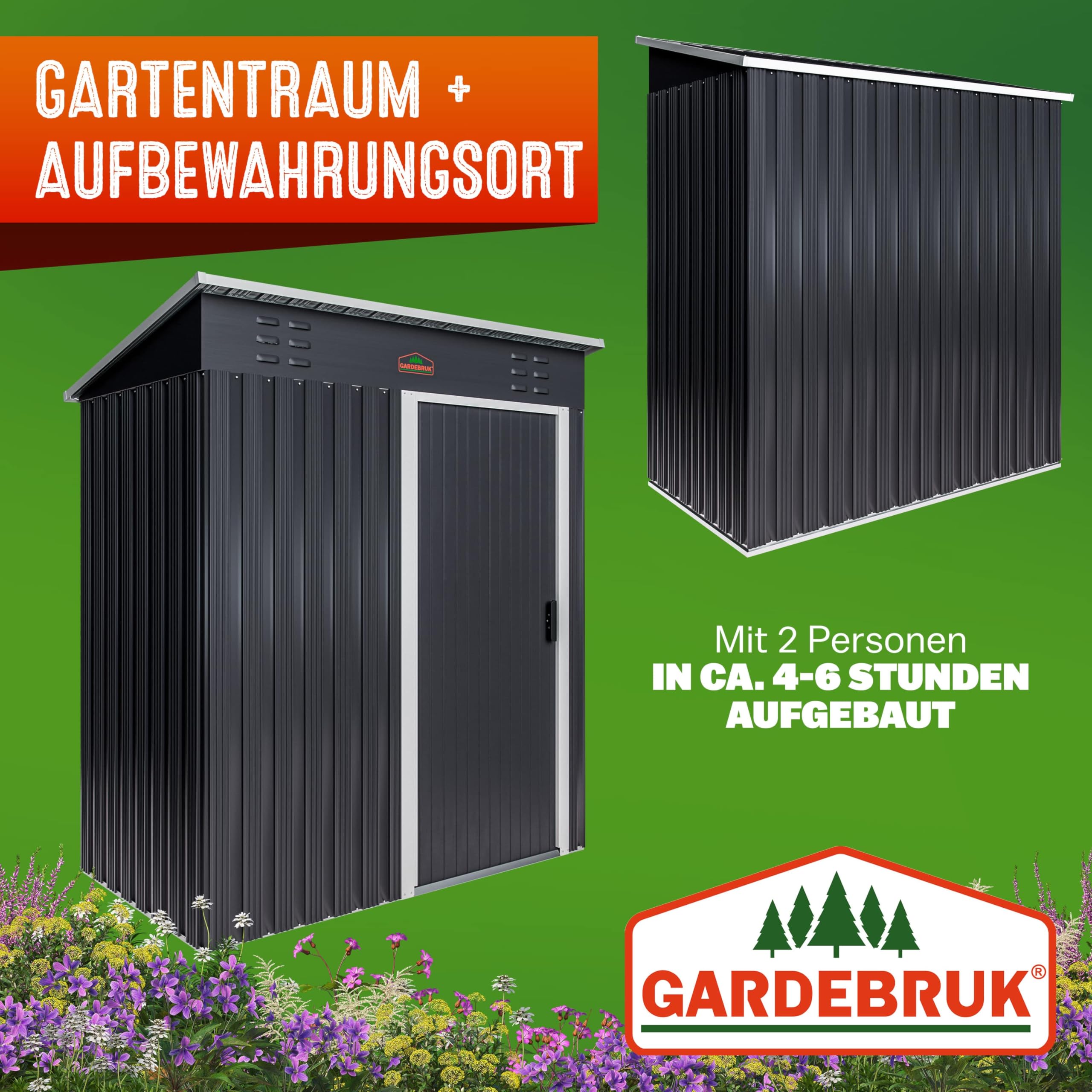 GARDEBRUK® Geräteschuppen NEUES Modell 2026 Gartenhaus 1,5m² 185x165x90cm Schiebetür 20kg Halter Handschuhe Belüftung Pultdach Graphit Gerätehaus