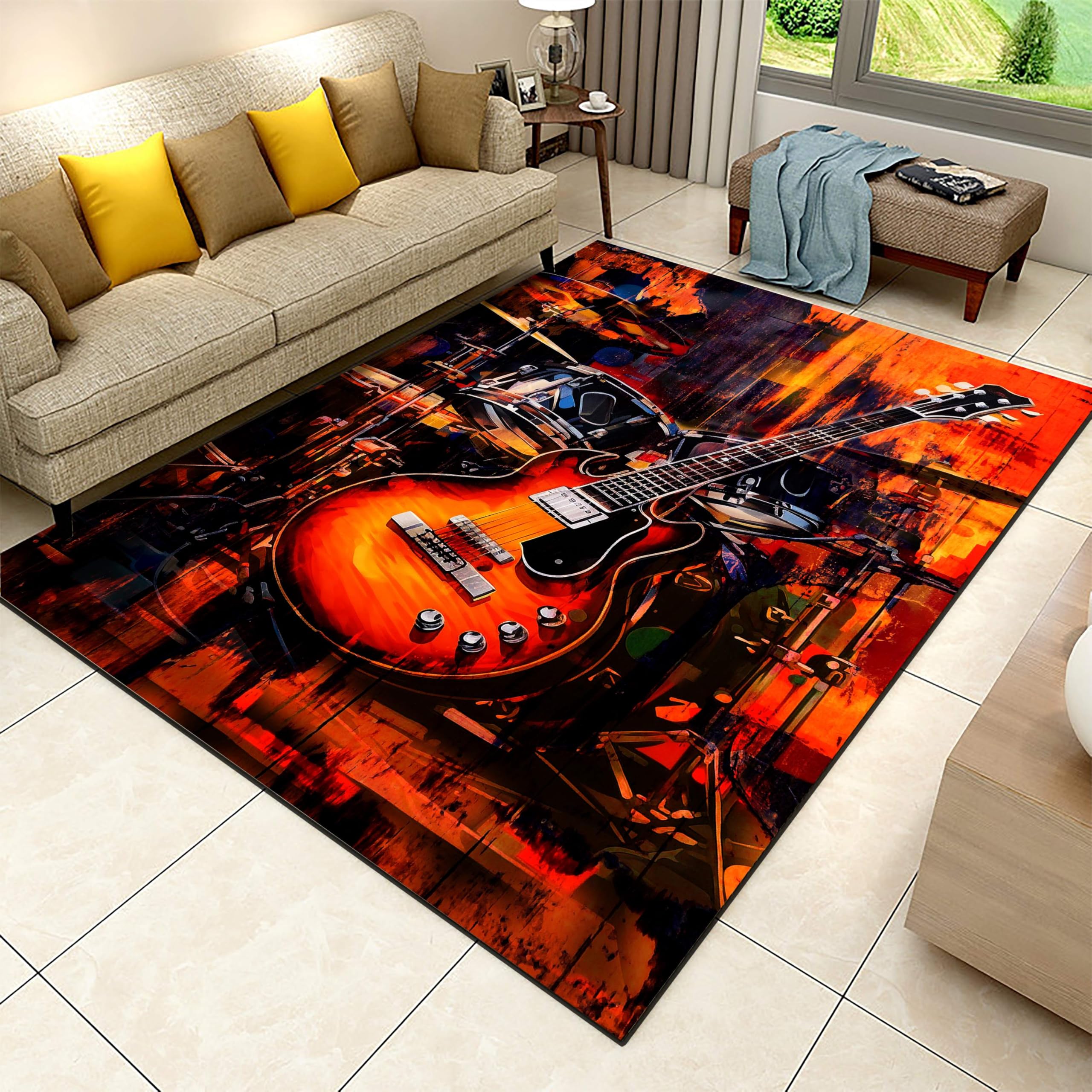 Bycmuoz Graffiti Guitar Pattern Area Rug, 180x230cm, Music Theme Musical Instrument Indoor Carpets, with Non Slip Backing Reduce Noise Washable Rugs，Anti-Slip Absorbent Easy Clean Mats for Floor