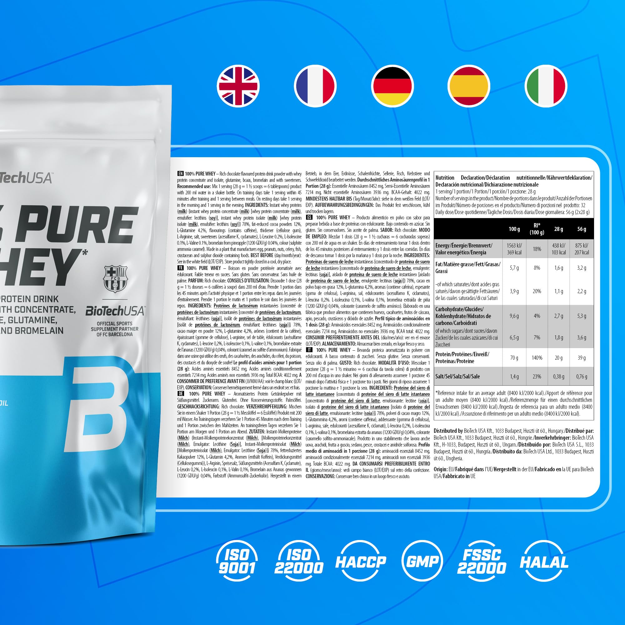 BioTechUSA 100% Pure Whey | proteine del siero da concentrato e isolato | Con BCAA e L-glutammina | enzimi bromelina | Basso contenuto di zucchero | 900 g, Rich Chocolate