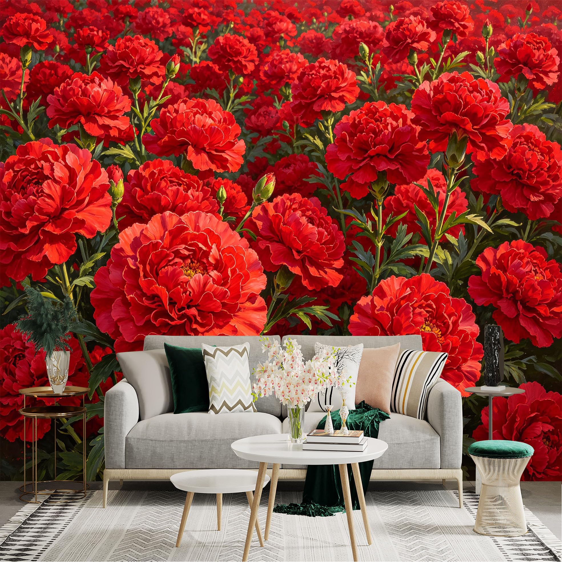 Lnzczhyre Dbh260521345 Custom Size Wall Sticker Mural， Vibrant Red Peony Garden， Full Bloom Flowers， Botanical Floral Pattern， Elegant Nature Home Decor， For Wall Decoration， Peelandstick Wall Decals.