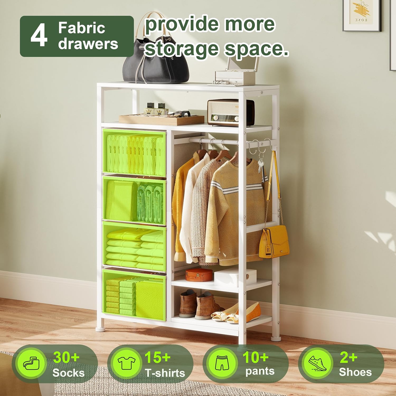 YOSHOOT 31.5" Dresser with Hanging Rack - Closet Dresser for Bedroom, Chest of Drawers with 4 Fabric Drawers & 2 Open Shelf, White