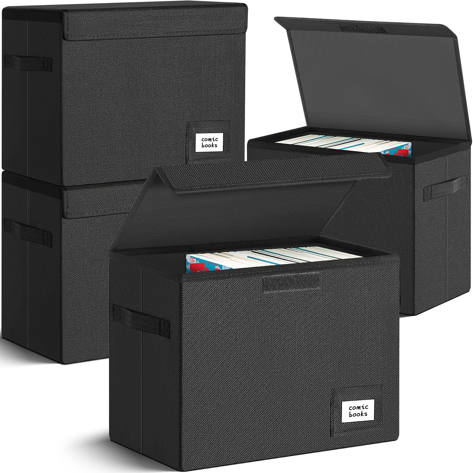 Leffis 4 Pack Comic Book Storage, Collapsible and Stackable Comic Short Box, Moistureproof Comic Box with Lid and Label Slot 15.5" X 7.5" X 11.3" Holds 150 Comics