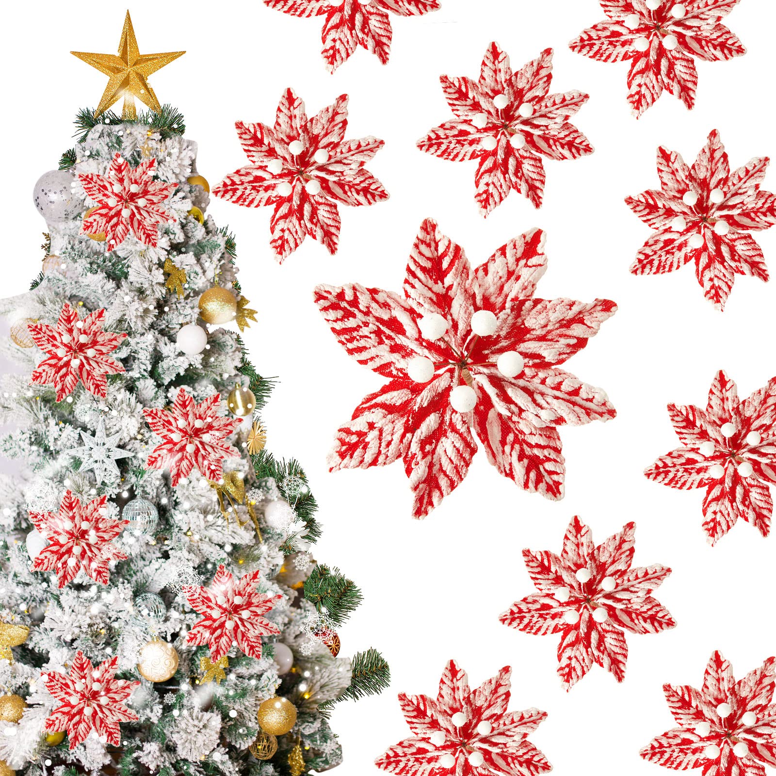 Künstliche Weihnachtsstern, Weihnachtsstern, Dekoration, Weihnachtsblumen, Schnee-Spray, Weihnachtsbaum-Plektren, dekorativer Weihnachtsblumenstiel für Weihnachtskranz-Dekorationen (24 Stück, 14 cm)