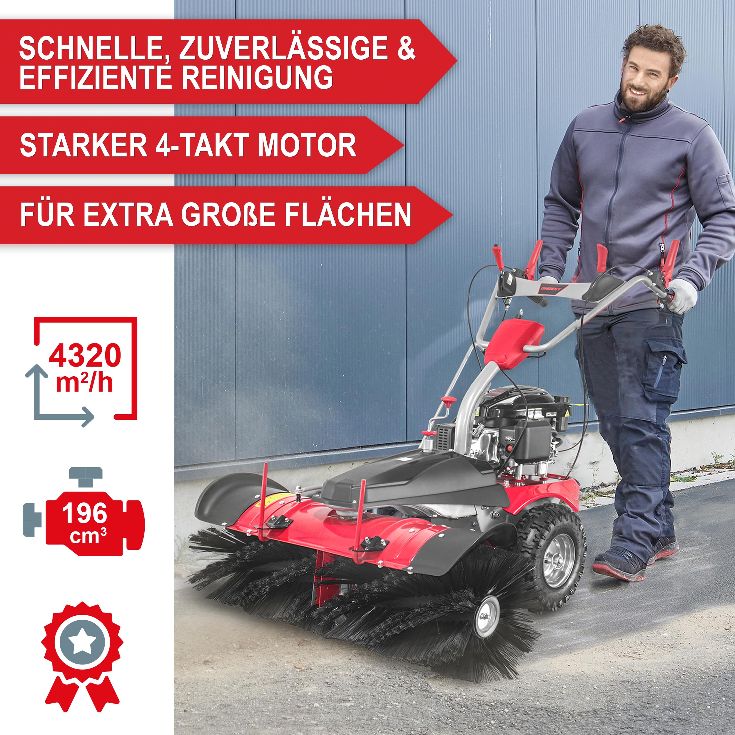 ONBEST Benzin Kehrmaschine 100 cm – mit Auffangbox & Schneeschild | 196 cm³ Motor, TÜV Rheinland geprüft, GS-Zertifikat – für große Außenflächen, Schmutz und Schneeräumen