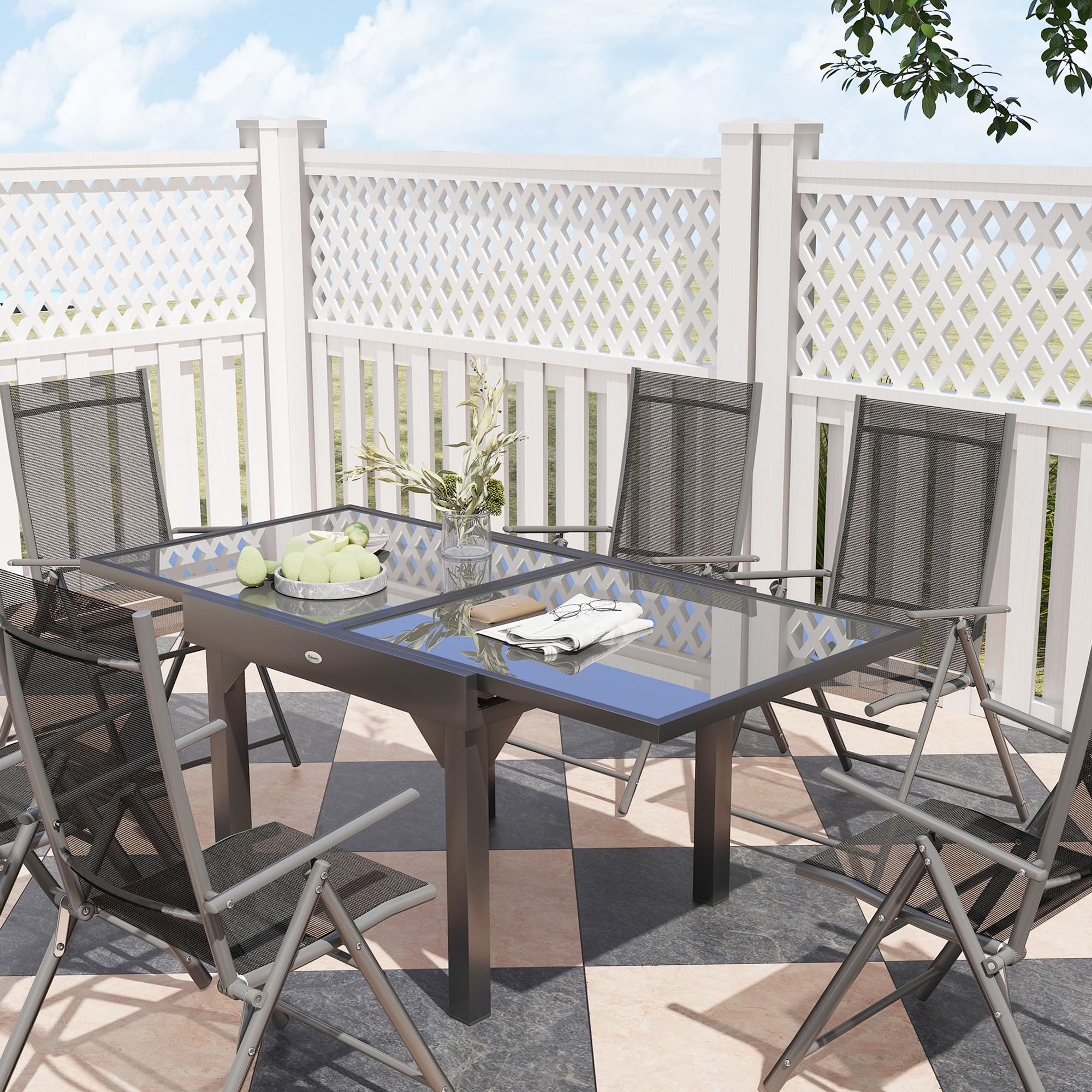 Outsunny Set Tavolo e Sedie da Esterno 7 Pezzi, Tavolo Allungabile con Piano in Vetro, 6 Sedie Pieghevoli con Braccioli, Acciaio e Textilene, Grigio