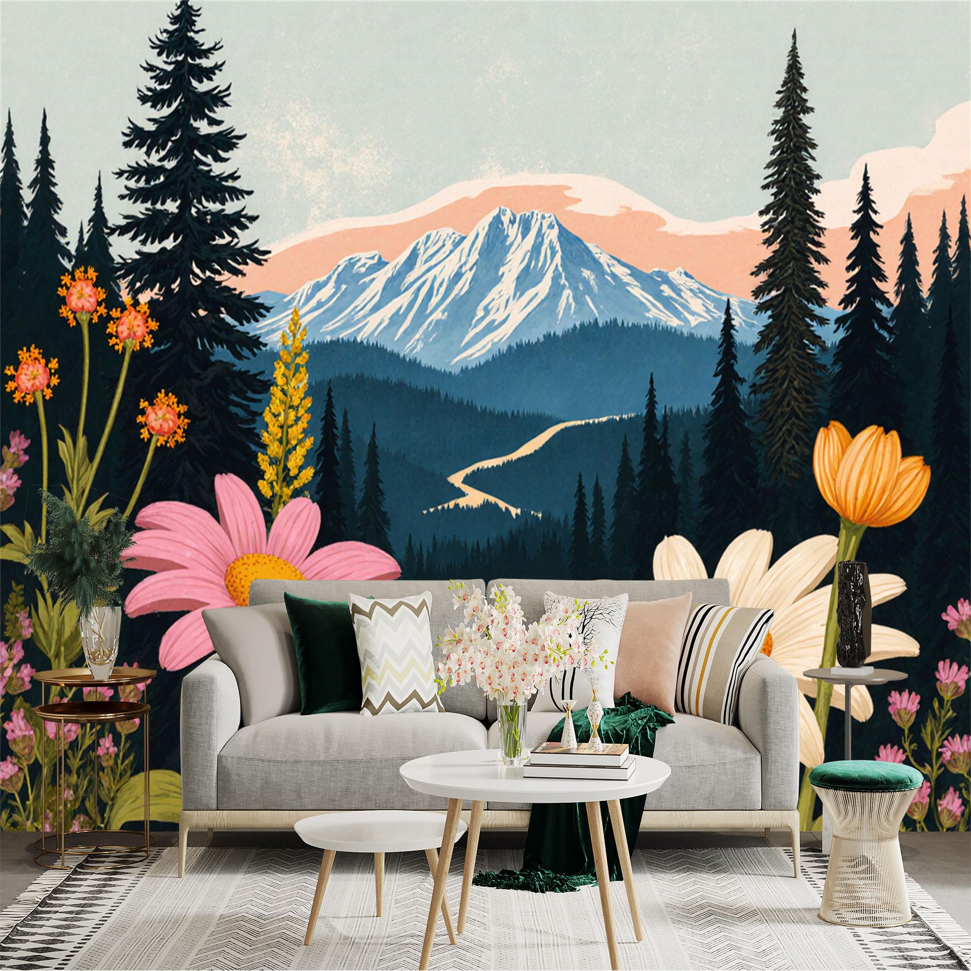 Custom Size Wall Sticker Mural， Alpine Meadow with Wildflowers， Scenic Mountain Landscape， Lush Pine Forest， Nature View， for wall Decoration， peelandstick wall Decals.