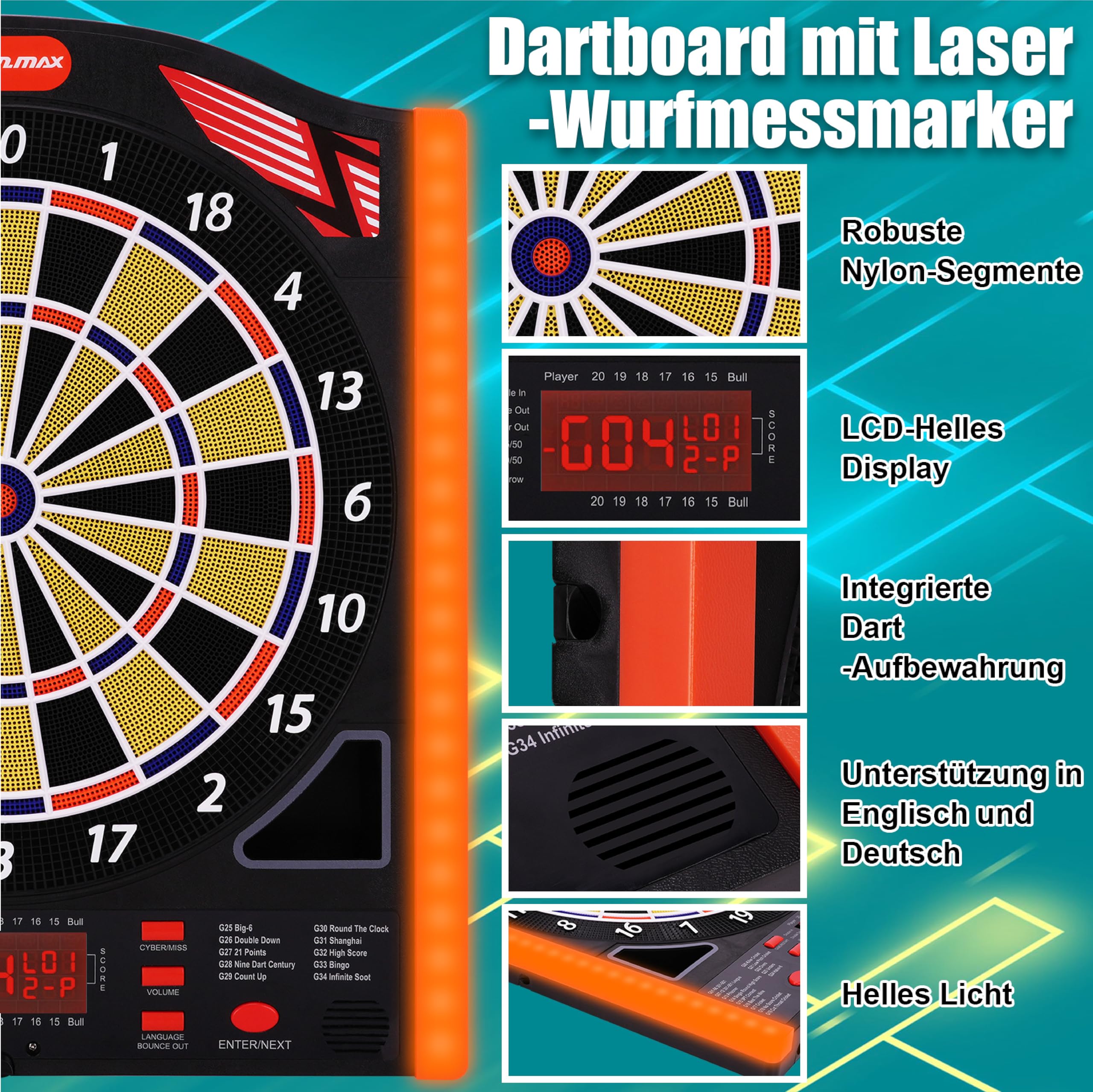 WIN.MAX Elektronische Dartscheibe Profi Set mit Laser Throw/Toe Line Marker mit Deutsche Stimme-Geeignet für Batterien/Adapter für 1 bis 8 Spieler mit 12 Darts