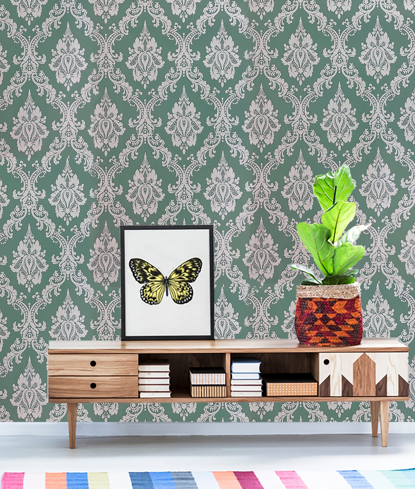 PERFECT DECOR Geomatric Damask Design Self Adhesive Removable Peel and Stick Wallpaper for for Living Room Bedroom Decoration (28 Sqft/Roll) Green Color (B09BJVJM49) Amazon Price History, Amazon Price Tracker