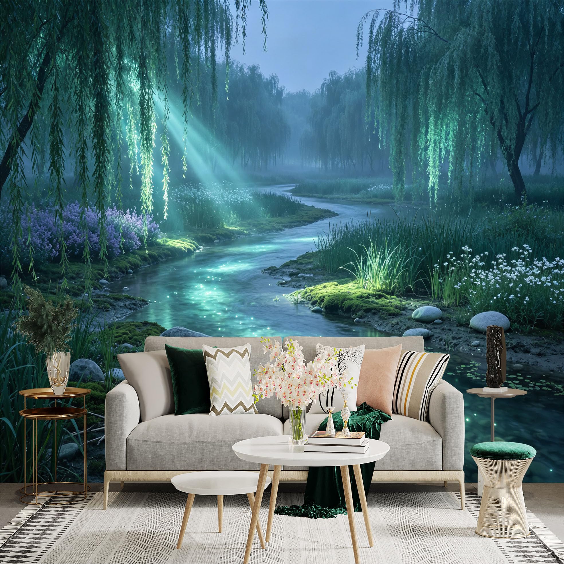 Lnzczhyre Bh260719711 Custom Size Wall Sticker Mural， Misty River Landscape， Glowing Stream， Weeping Willows， Serene Forest Scenery， For Wall Decoration， Peelandstick Wall Decals.