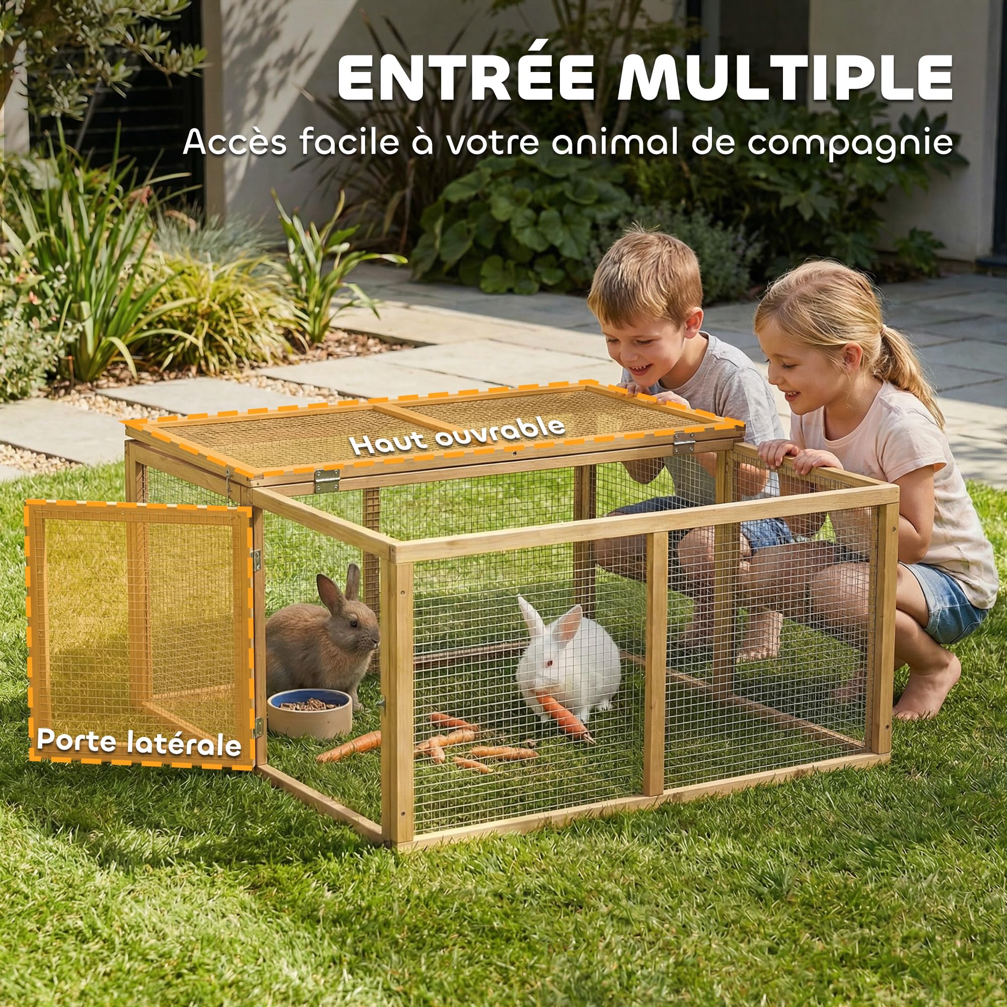 PawHut Recinto coniglio esterno pieghevole con tetto apribile totale, gabbia per coniglio, interno in legno robusto con maniglia, grande parco coniglio 1,44 ㎡ per 2-3 porcellini d'India 120 x 120 x 57