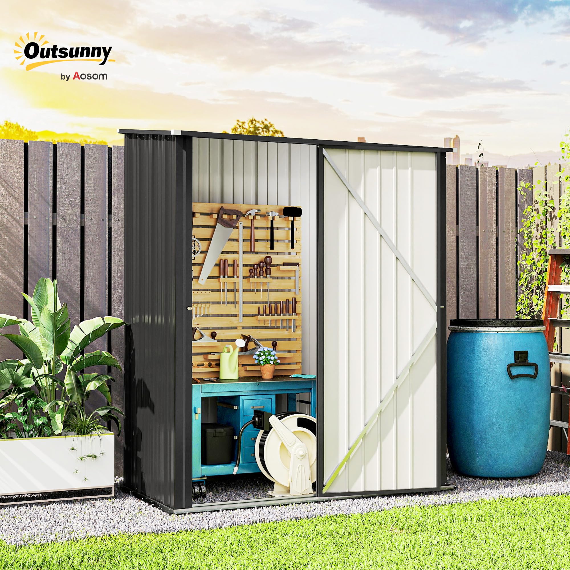 Outsunny 5' x 3' Outdoor Storage Shed, Steel Garden Shed with Single Lockable Door and Gloves, Tool Storage House for Backyard, Patio, Lawn, Black — view 2