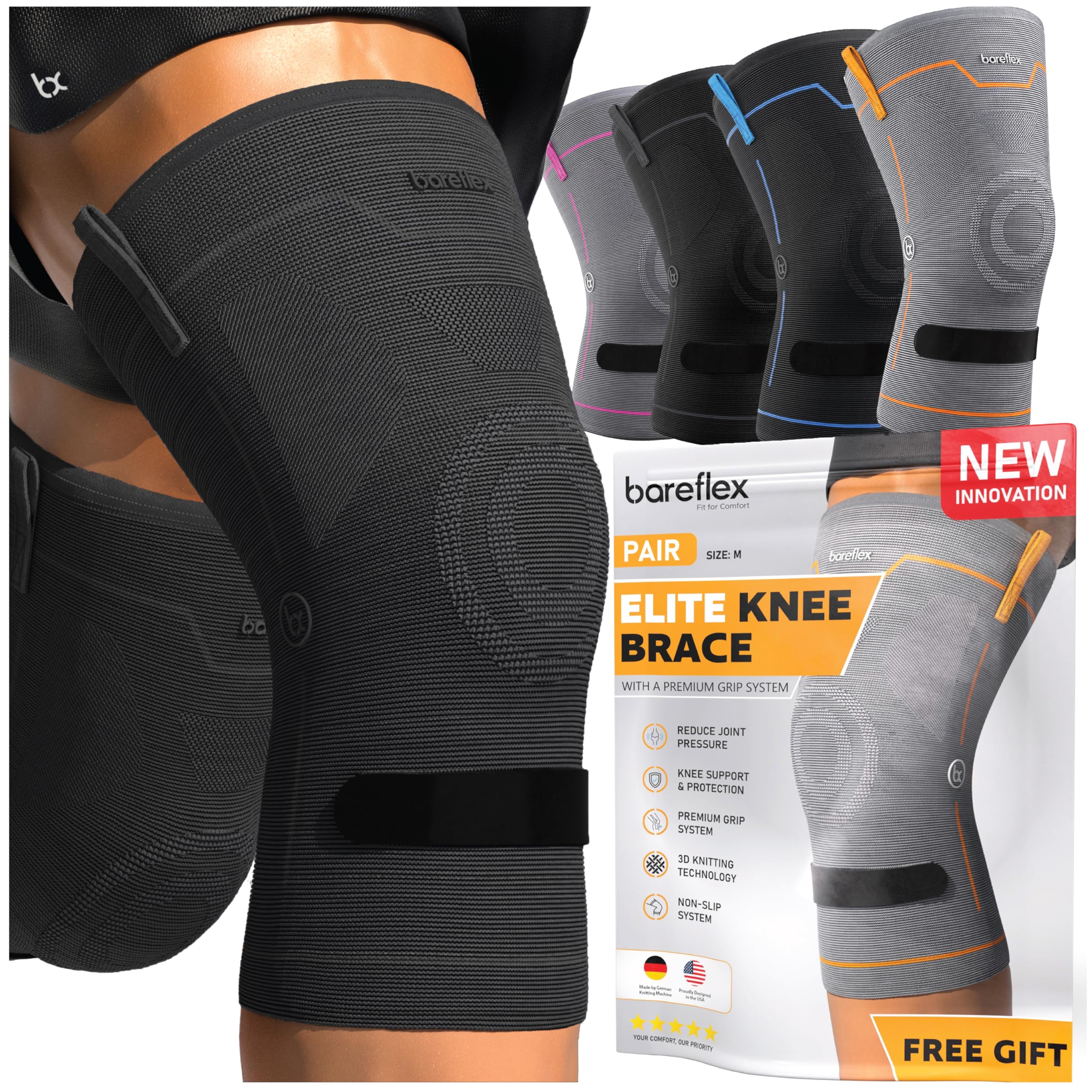 Elite Compression Knee Brace for Women & Men 2-Pack Knee Braces for Women Running Knee Pain, Knee Brace for Men, Knee Support Compression Sleeve