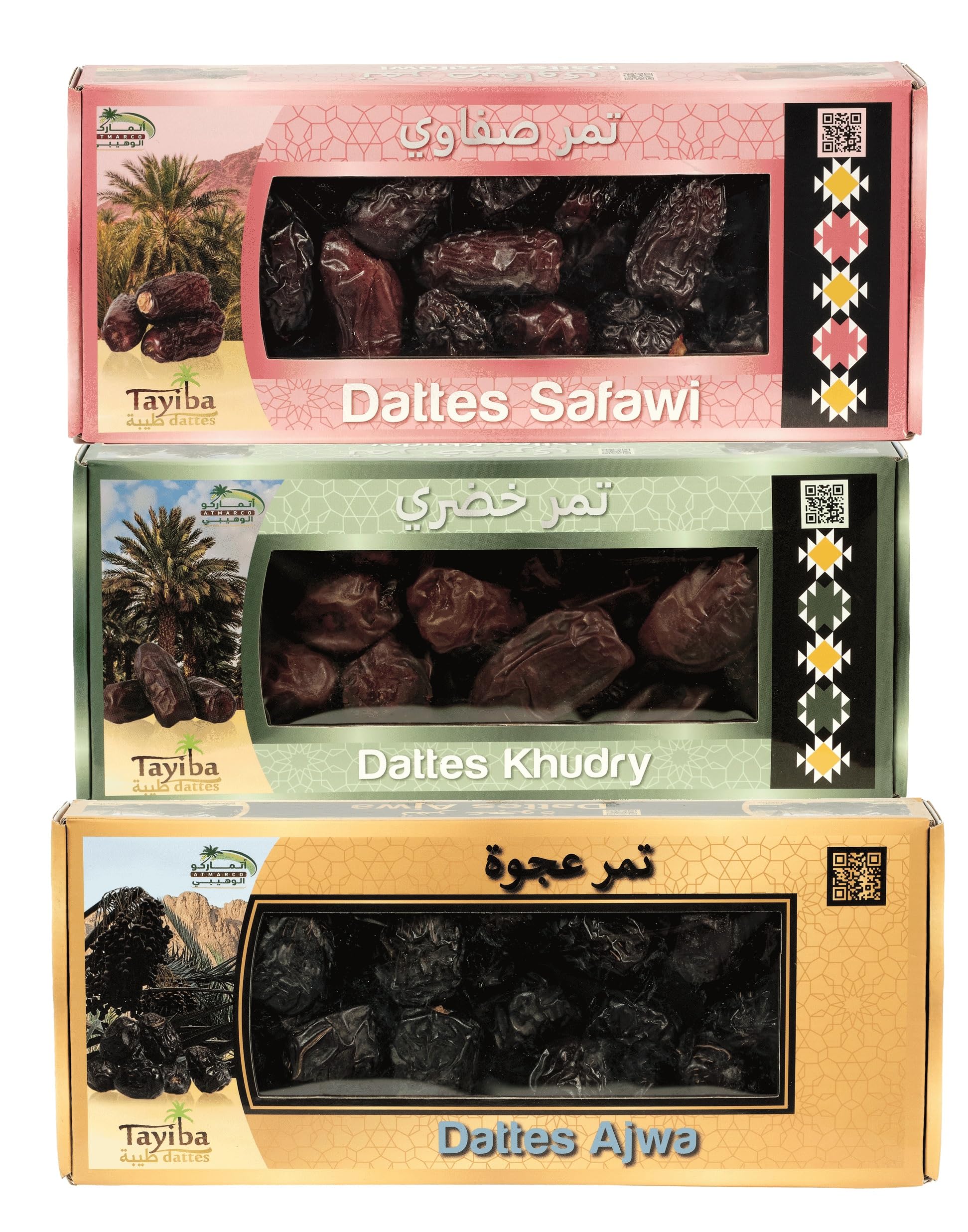 Coffret Dattes Premium Tayiba – Ajwa, Khudry & Safawi – Dattes de Médine – Qualité Supérieure d’Arabie Saoudite – 900g (3x300g)