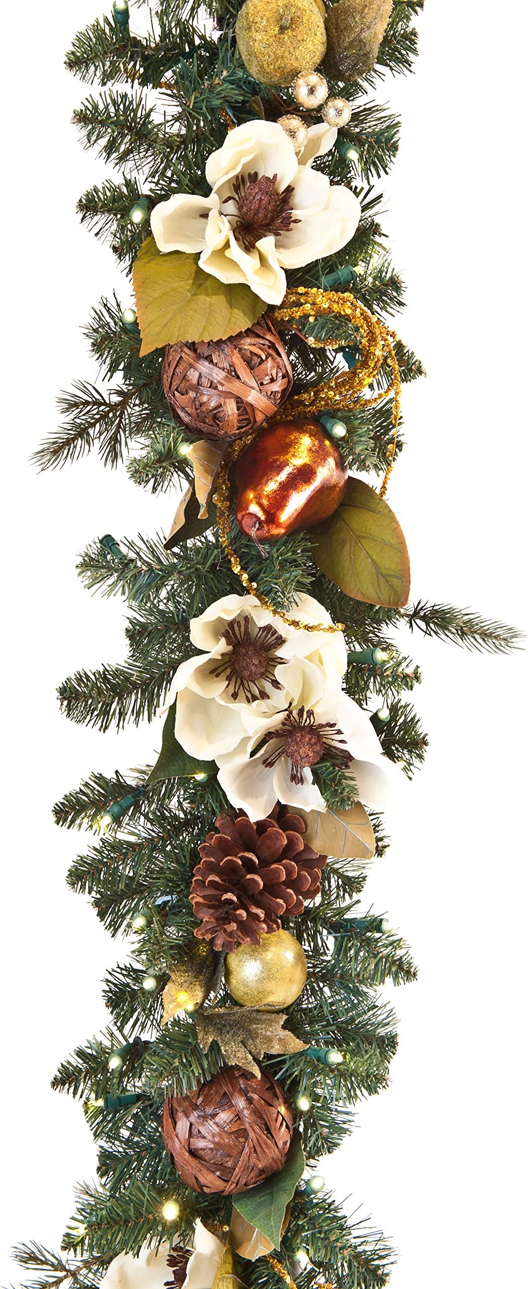 9 ft. Artificial Pre Lit LED Decorated Christmas Garland-Gold Pear and Magnolia decorations-100 Super Mini LED Warm Clear Colored Lights with Timer and Battery Pack for Indoor and Outdoor use