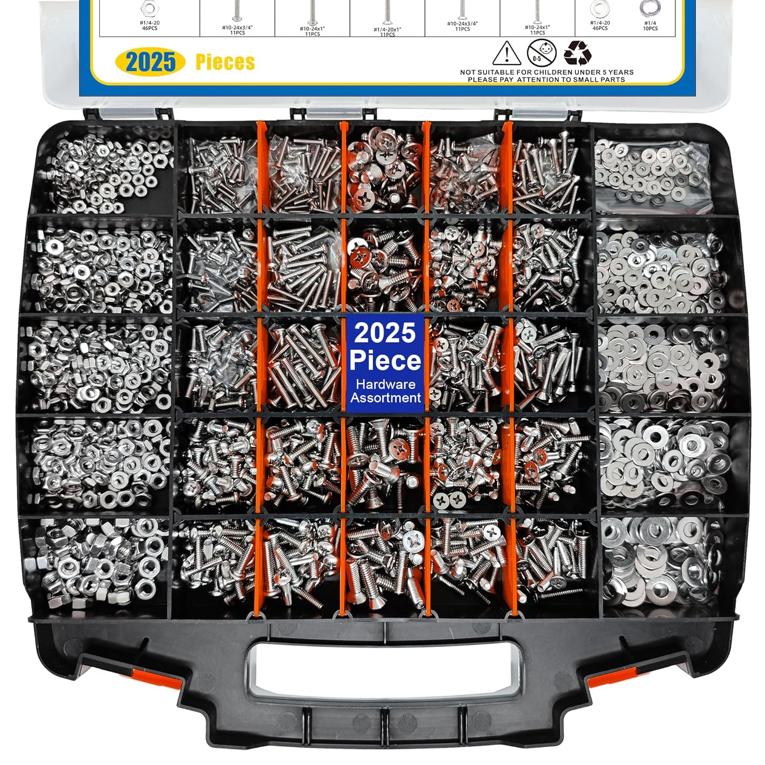 2025 Pieces Hardware Assortment Kit, Nuts and Bolts Assortment Kit, Stainless Steel Phillips Pan Head & Flat Head Screws, Assorted Nuts Bolts Washers with Double Sided Organizer Box (Orange)