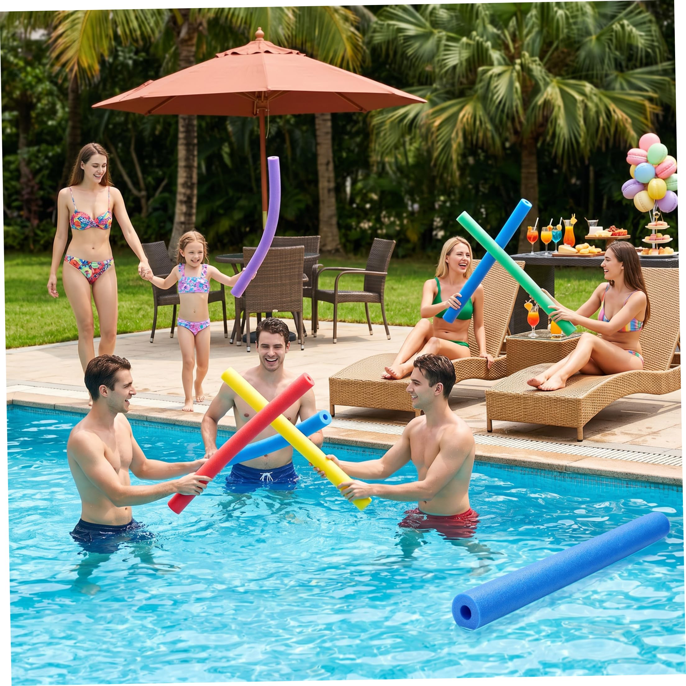 Schwimmnudeln, 5 Stück, große Schaumstoff-Poolnudeln mit Loch – Hohle Poolnudeln für Wasserübungen und Partyspiele, 6 x 150 cm, Schaumstoff