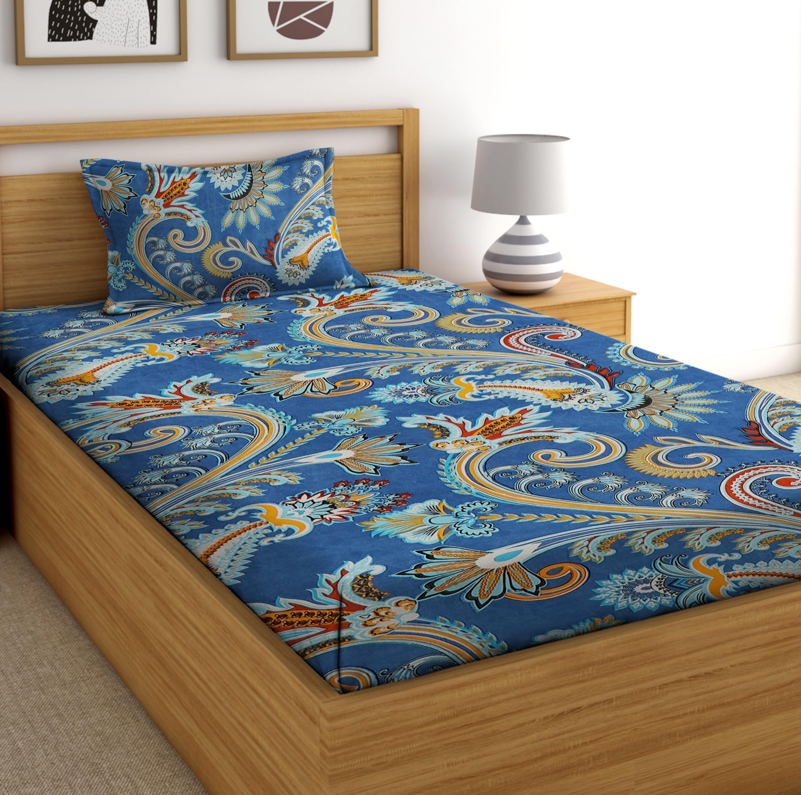 DECORUM Glace Cotton All Around Elastic Fitted Single Bedsheet (72"x48") with 1 Pillow Cover | Soft, Smooth & Wrinkle-Free Fabric | Fits Up to 6" Mattress | 200-220 TC