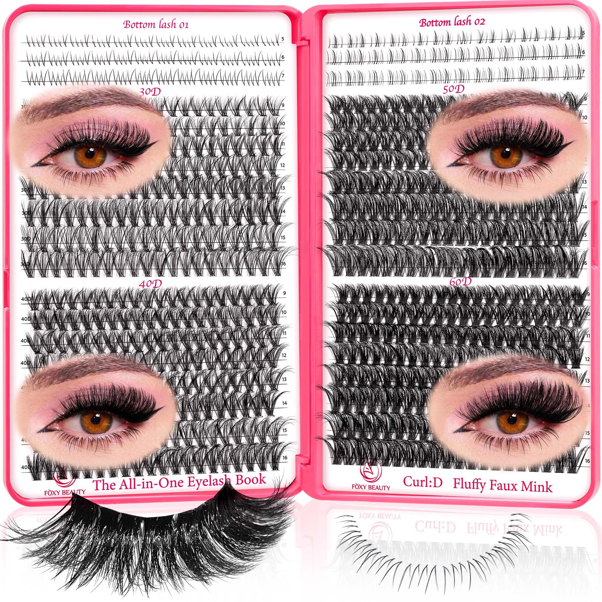 Lash Clusters 9-16mm with 5-7mm Bottom Lashes D Curl 30D 40D 50D 60D Fluffy Wispy EyeLash Clusters - DIY Eyelash Extension Individual lash lift kit No