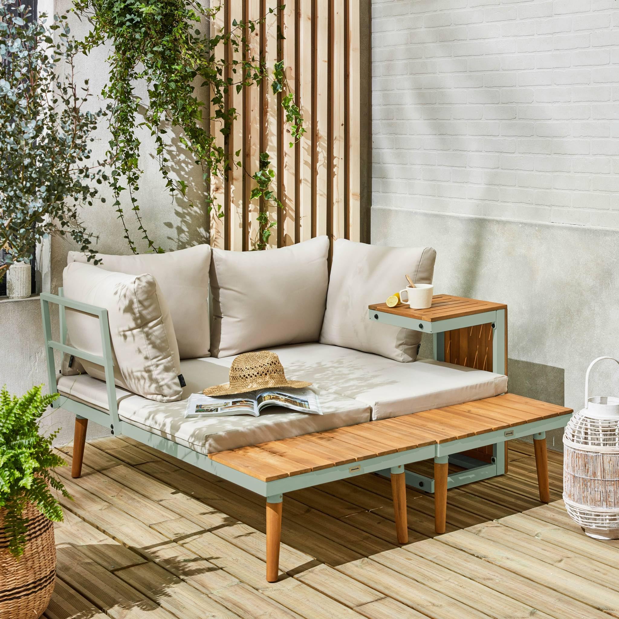 Alice's Garden sweeek - Salon de Jardin Kaki foncé. modulable en Aluminium et Bois d'acacia. 4 Places. Sao Paulo.140 x 68 x 65cm