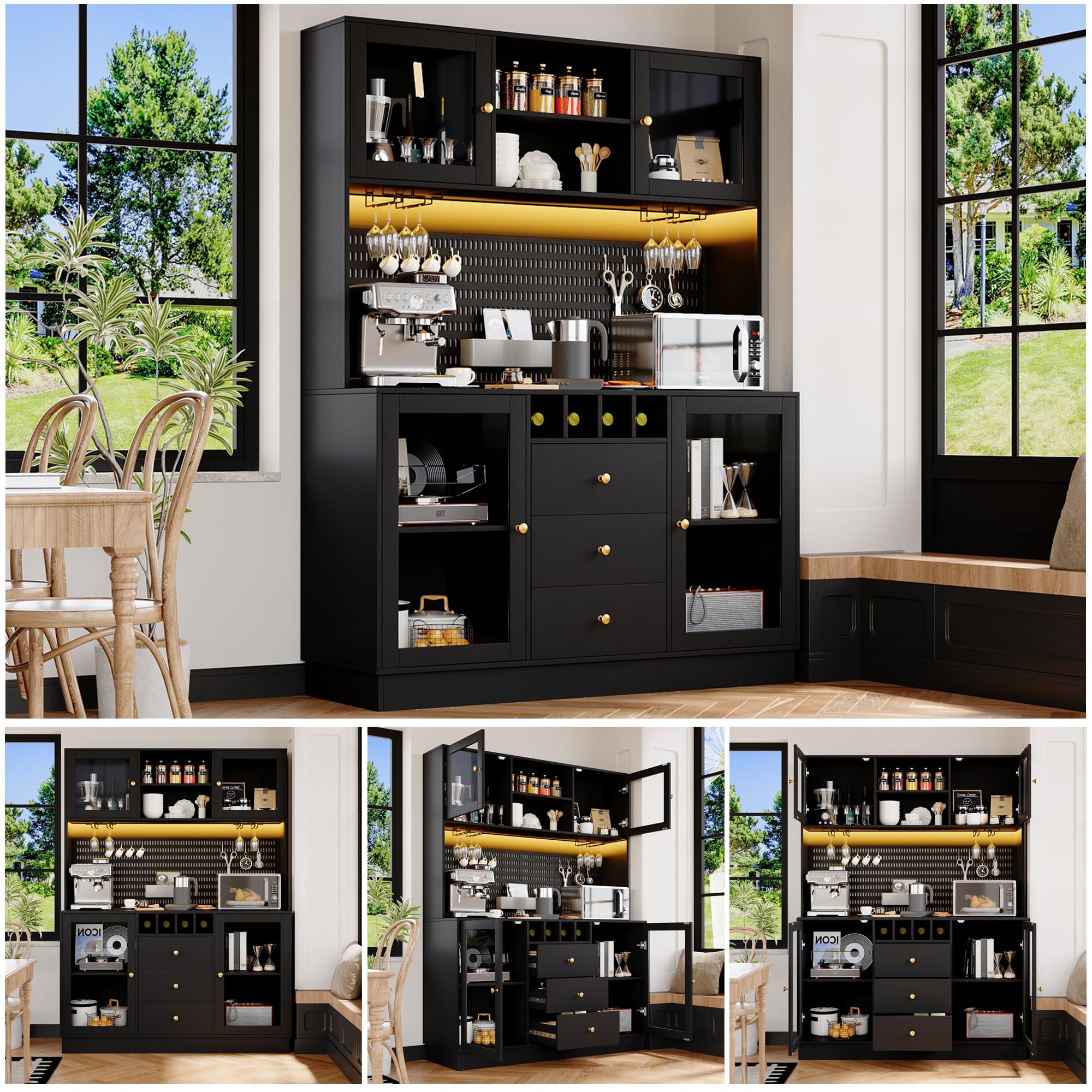 DRIXNO Hochschrank, Küchenschrank mit LED Beleuchtung, Buffetschrank mit Schubladen, Verstellbaren Ablagen, Esszimmerschrank, Seitenschrank mit Weinregal und Kippsicherung, 140x40x185.7 cm, Schwarz